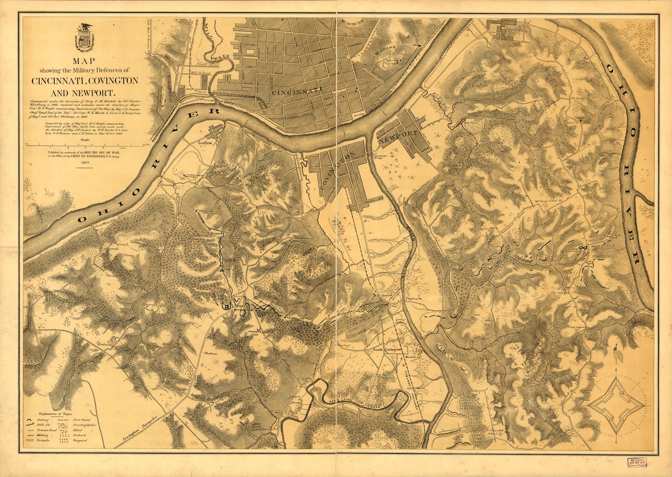This old map of Map Showing the Military Defences of Cincinnati, Covington and Newport from 1877 was created by United States. Army. Corps of Engineers in 1877