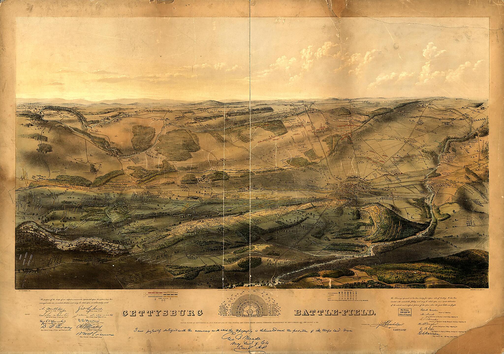 This old map of Field. Battle Fought at Gettysburg, Pennsylvania, July 1st, 2d & 3d, from 1863 by the Federal and Confederate Armies, Commanded Respectively by Genl. G. G. Meade and Genl. Robert E. Lee was created by John B. (John Badger) Bachelder in 18