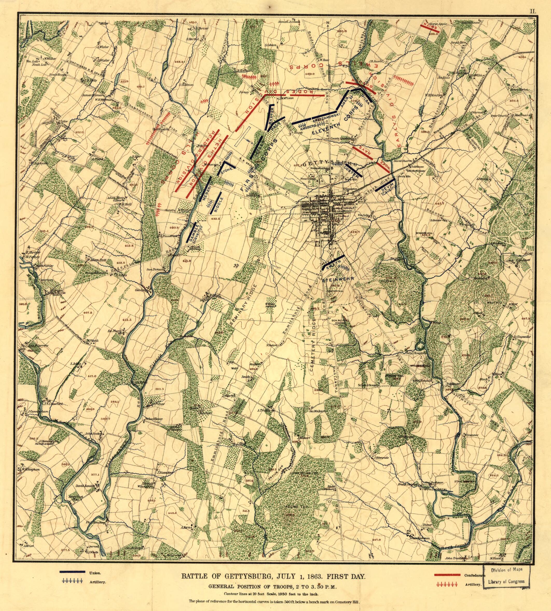 This old map of Battle of Gettysburg, July 1, 1863. First Day. General Position of Troops, 2 to 3.30 P.m from 1900 was created by in 1900