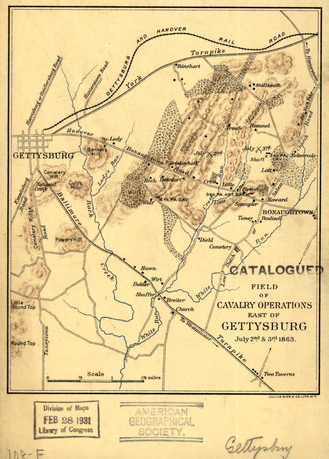 This old map of Field of Cavalry Operations East of Gettysburg, July 2nd & 3rd from 1863 was created by Julius Bien in 1863
