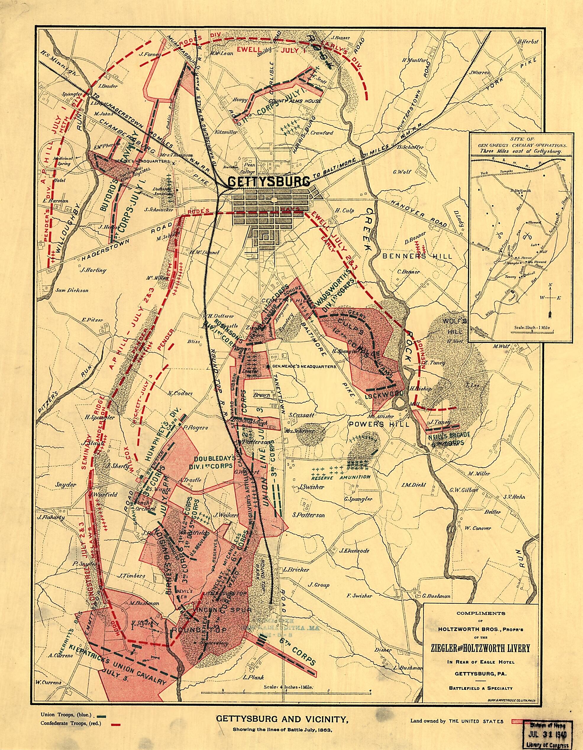 This old map of Gettysburg and Vicinity, Showing the Lines of Battle, July, from 1863 was created by Burk & McFetridge in 1863