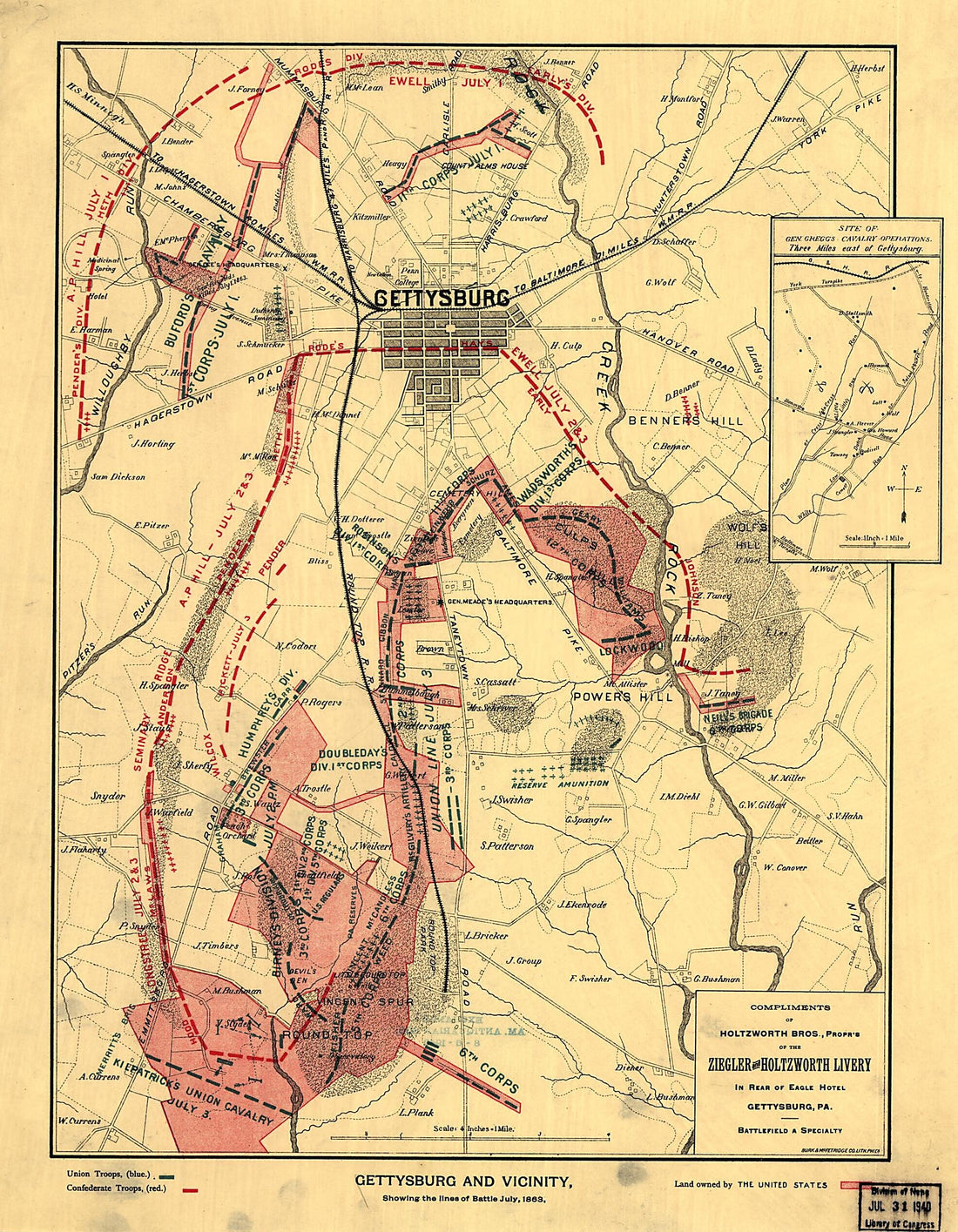 This old map of Gettysburg and Vicinity, Showing the Lines of Battle, July, from 1863 was created by Burk & McFetridge in 1863