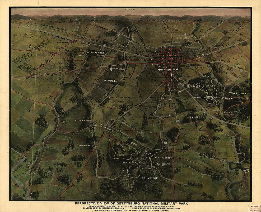 This old map of Perspective View of Gettysburg National Military Park from 1916 was created by Emmor B. Cope in 1916