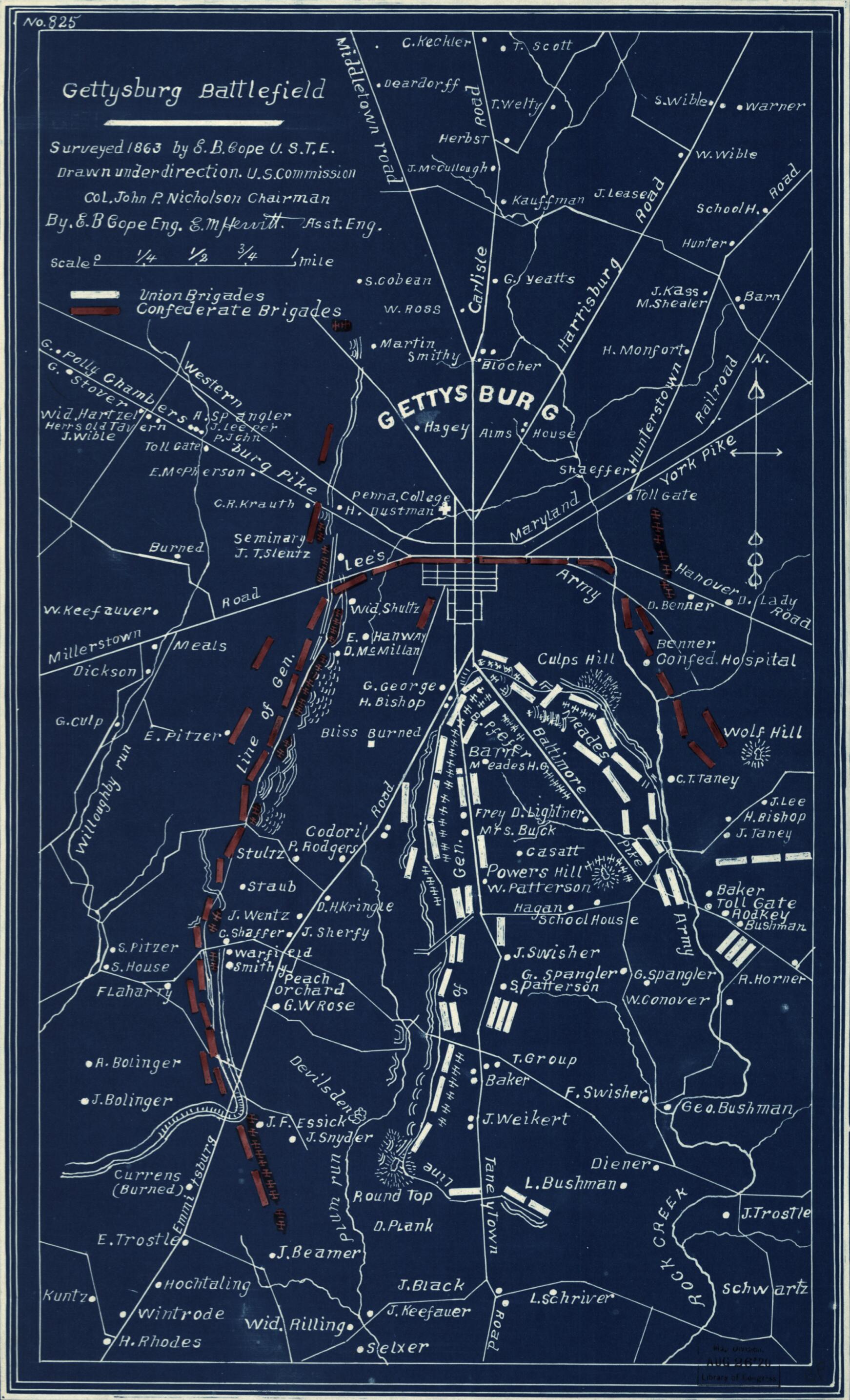 This old map of Gettysburg Battlefield from 1863 was created by Emmor B. Cope, Edgar M. Hewitt in 1863