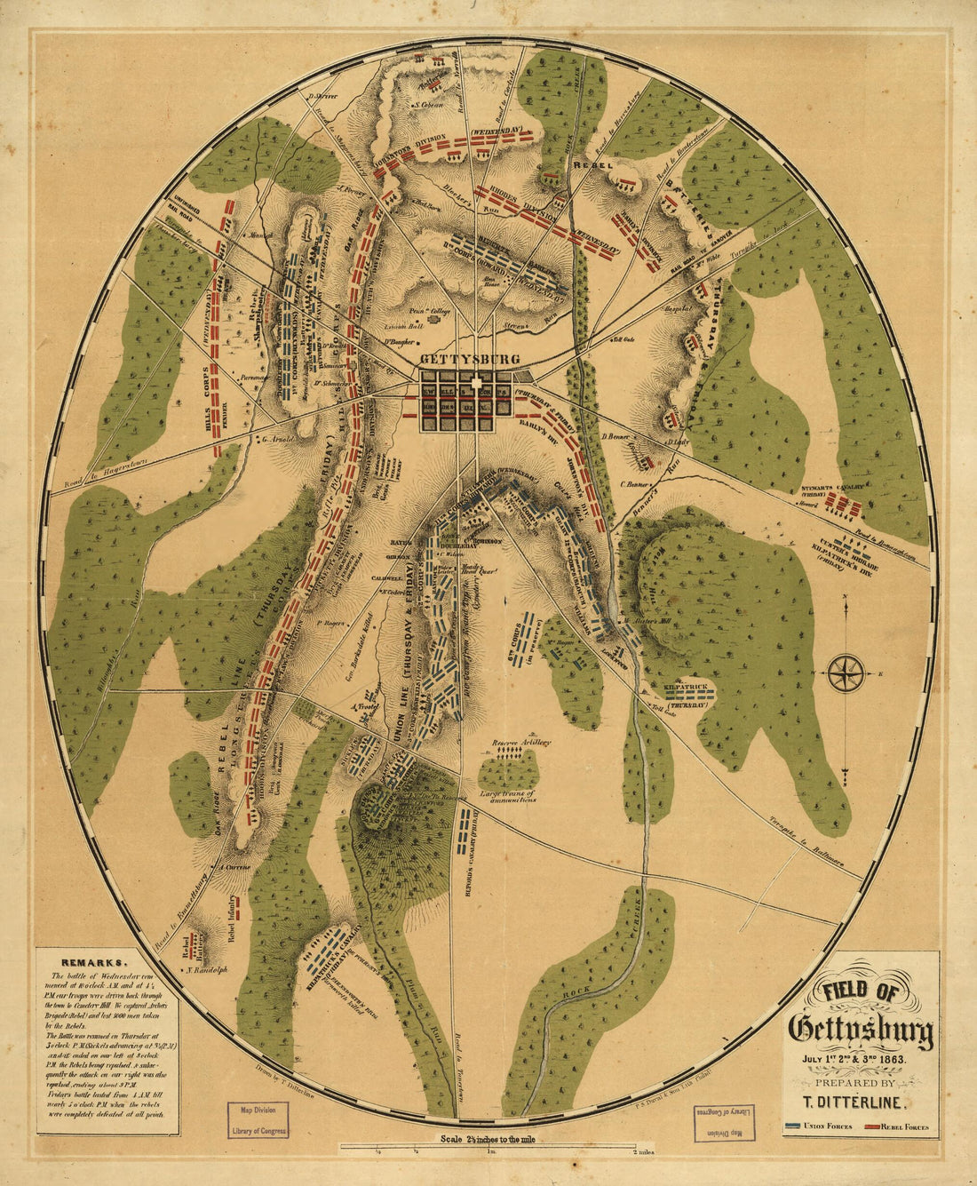 This old map of Field of Gettysburg, July 1st, 2nd & 3rd, from 1863 was created by T. (Theodore) Ditterline in 1863