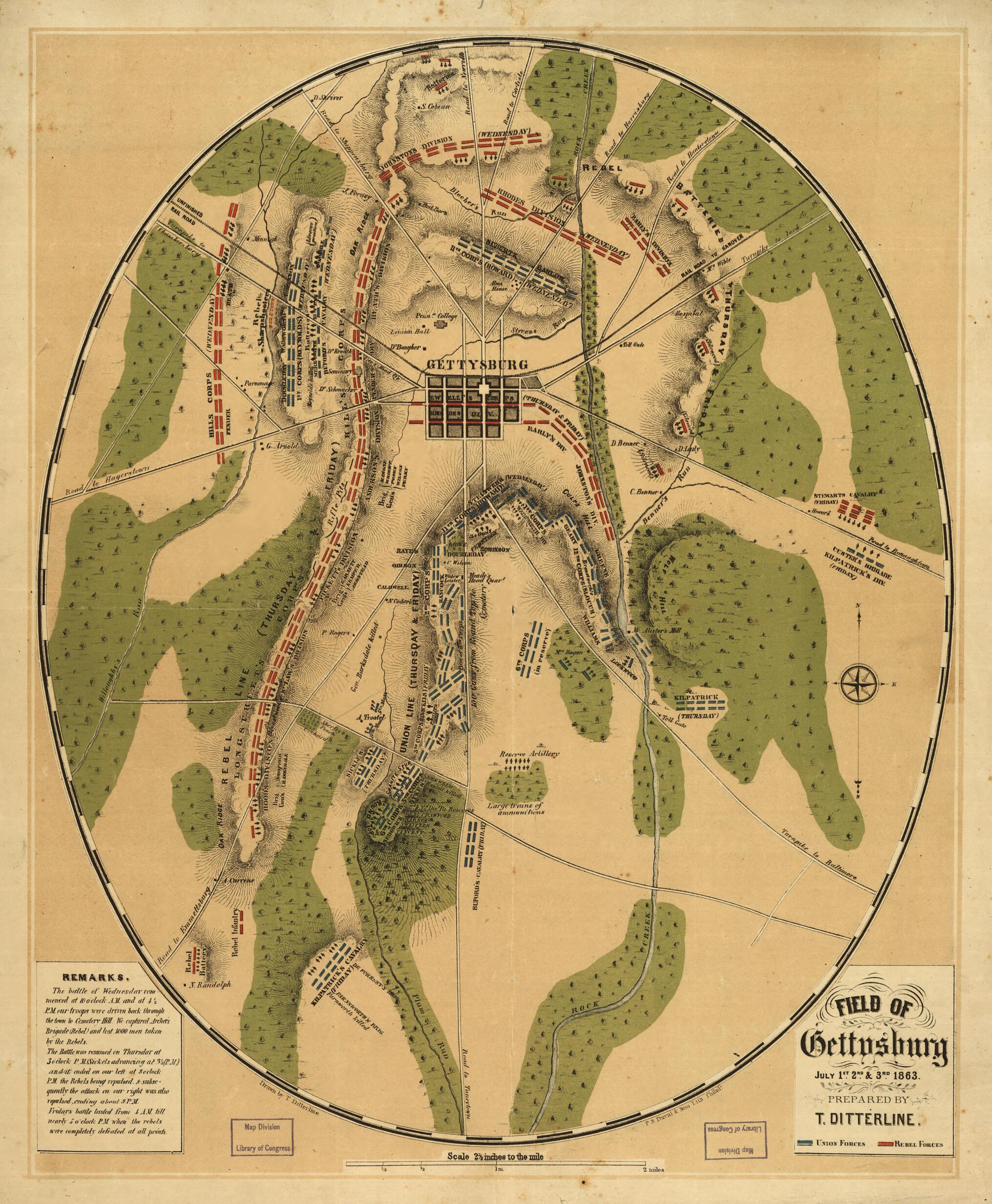 This old map of Field of Gettysburg, July 1st, 2nd & 3rd, from 1863 was created by T. (Theodore) Ditterline in 1863