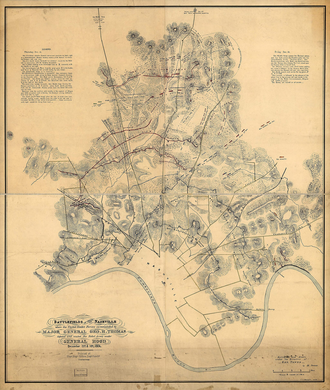 This old map of Battlefields In Front of Nashville Where the United States Forces Commanded by Major General Geo. H. Thomas Defeated and Routed the Rebel Army Under General Hood, December 15th & 16th, 1864 from 1860 was created by M. Peseux in 1860