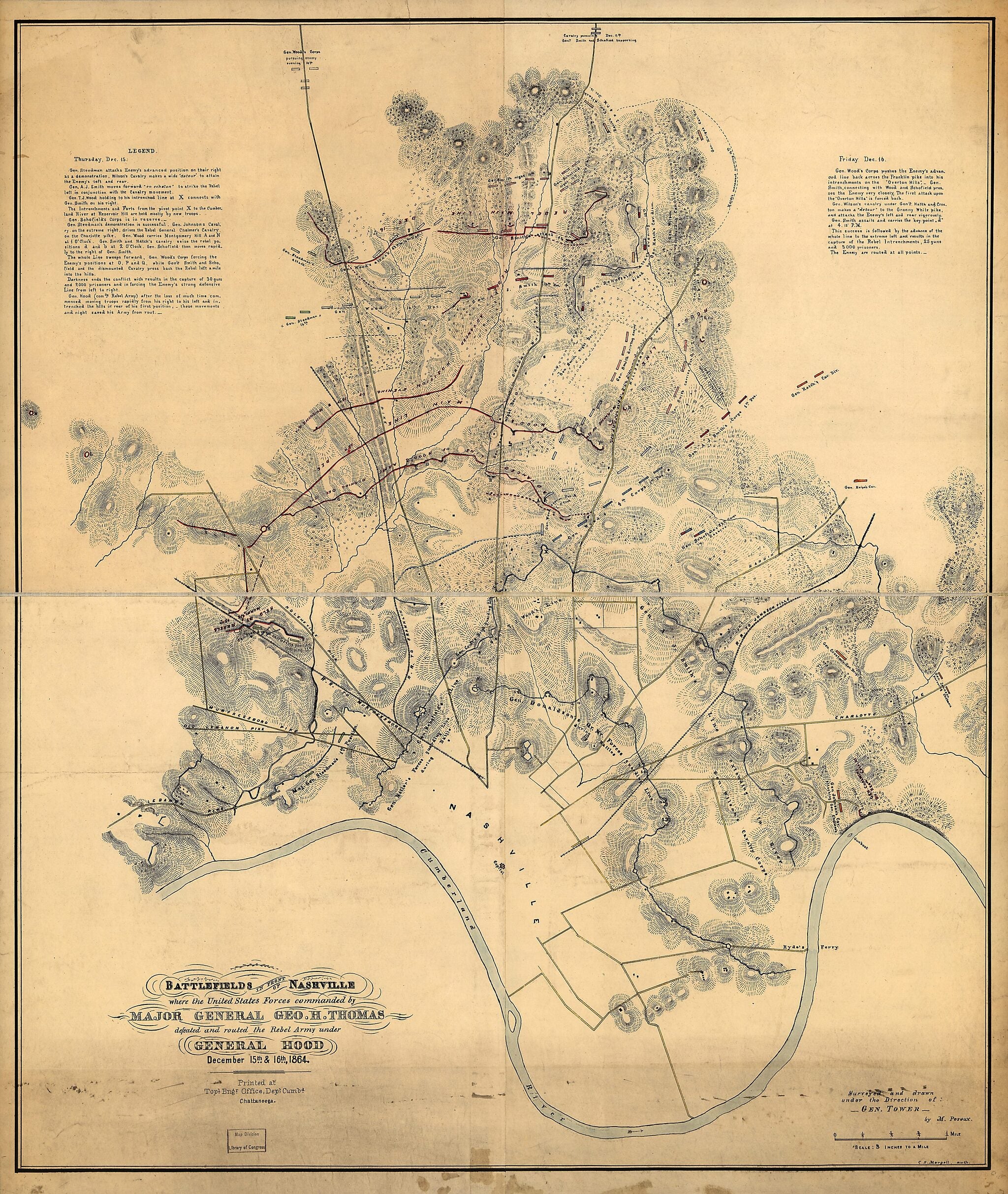 This old map of Battlefields In Front of Nashville Where the United States Forces Commanded by Major General Geo. H. Thomas Defeated and Routed the Rebel Army Under General Hood, December 15th & 16th, 1864 from 1860 was created by M. Peseux in 1860