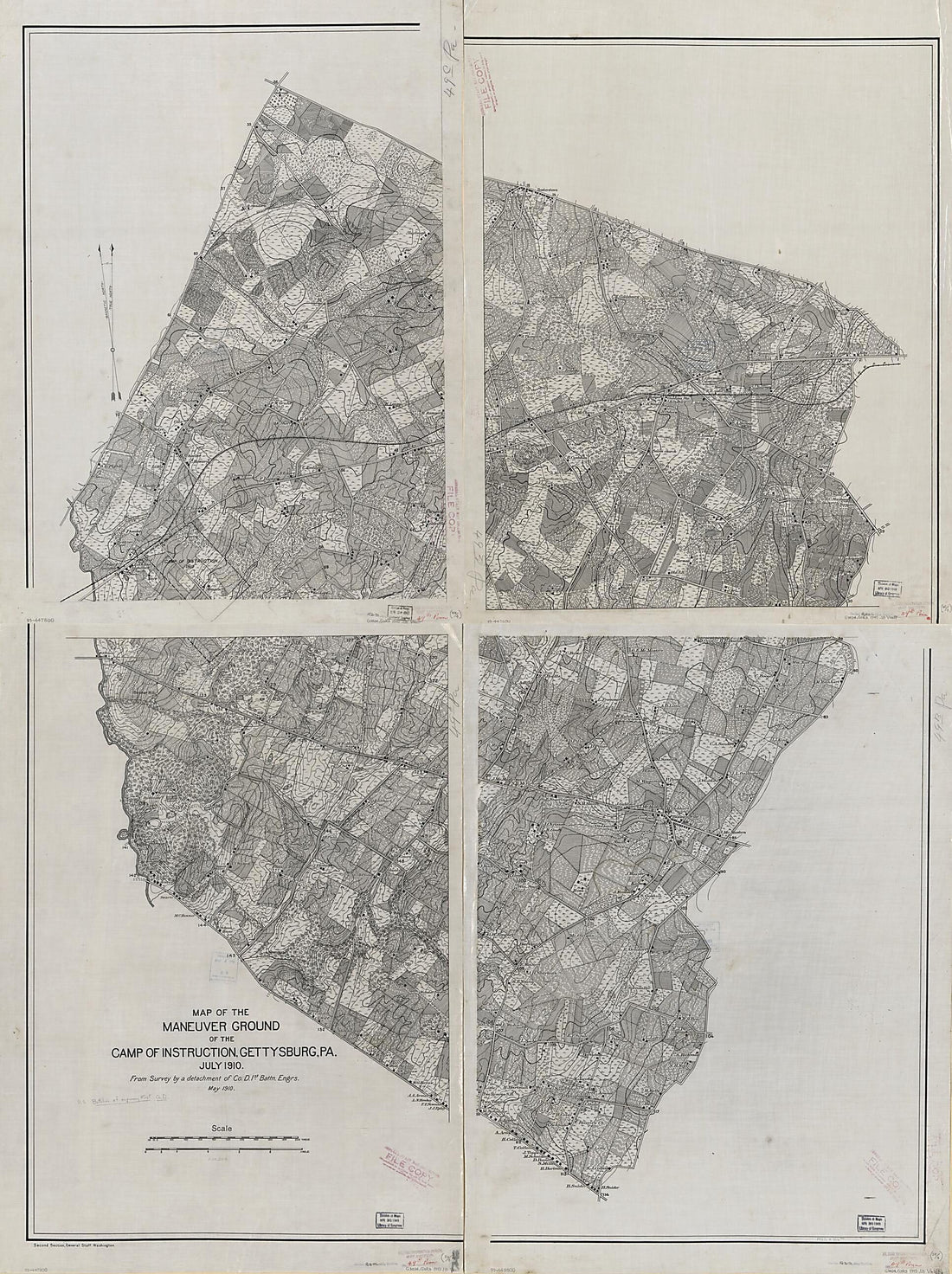 This old map of Map of the Maneuver Ground of the Camp of Instruction, Gettysburg, Pennsylvania : July from 1910 was created by 1st. Company D. United States. Army. Engineer Battalion, United States. Department of the Army. General Staff. Second Section