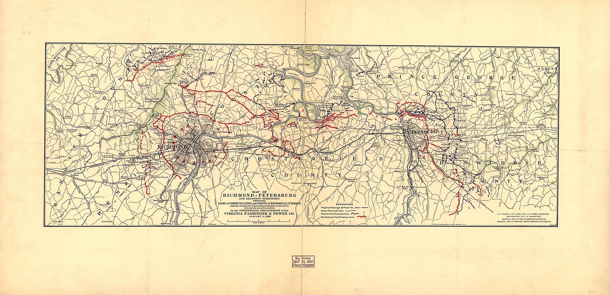 This old map of Petersburg and Adjacent Territory Showing Lines of Communication and Points of Historical Interest from 1907 was created by Virginia Passenger and Power Company in 1907