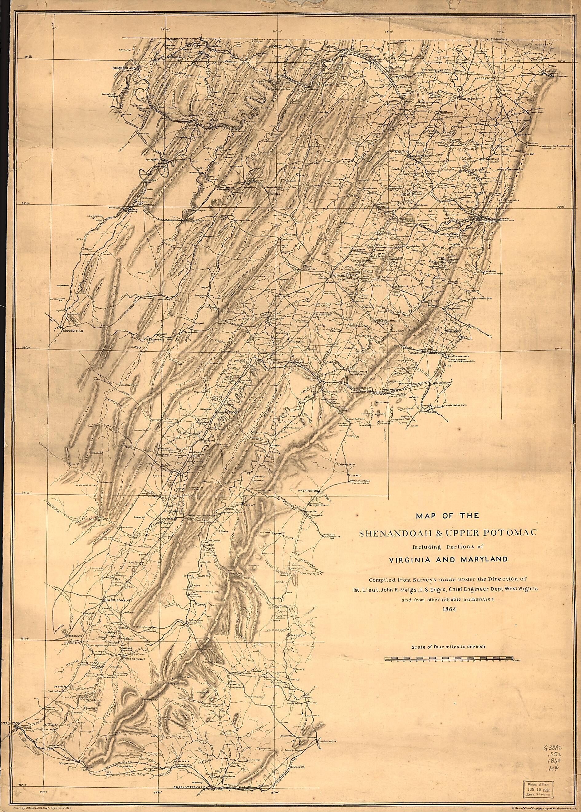 This old map of Map of the Shenandoah & Upper Potomac Including Portions of Virginia and Maryland from 1864 was created by John Rodgers Meigs in 1864