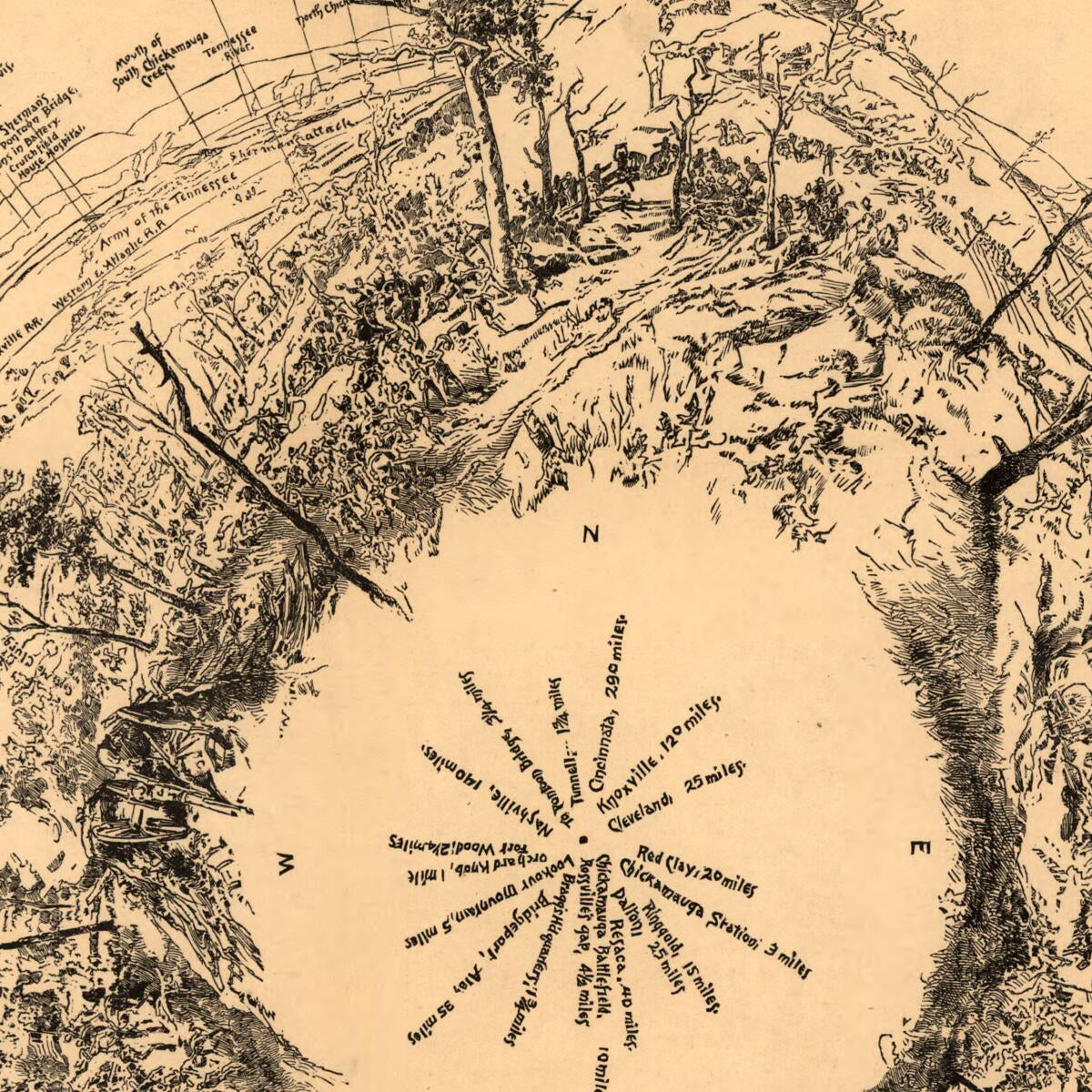 This old map of Fisheye View of Chattanooga and Vicinity Showing Troop Positions In from 1863 was created by  in 1863