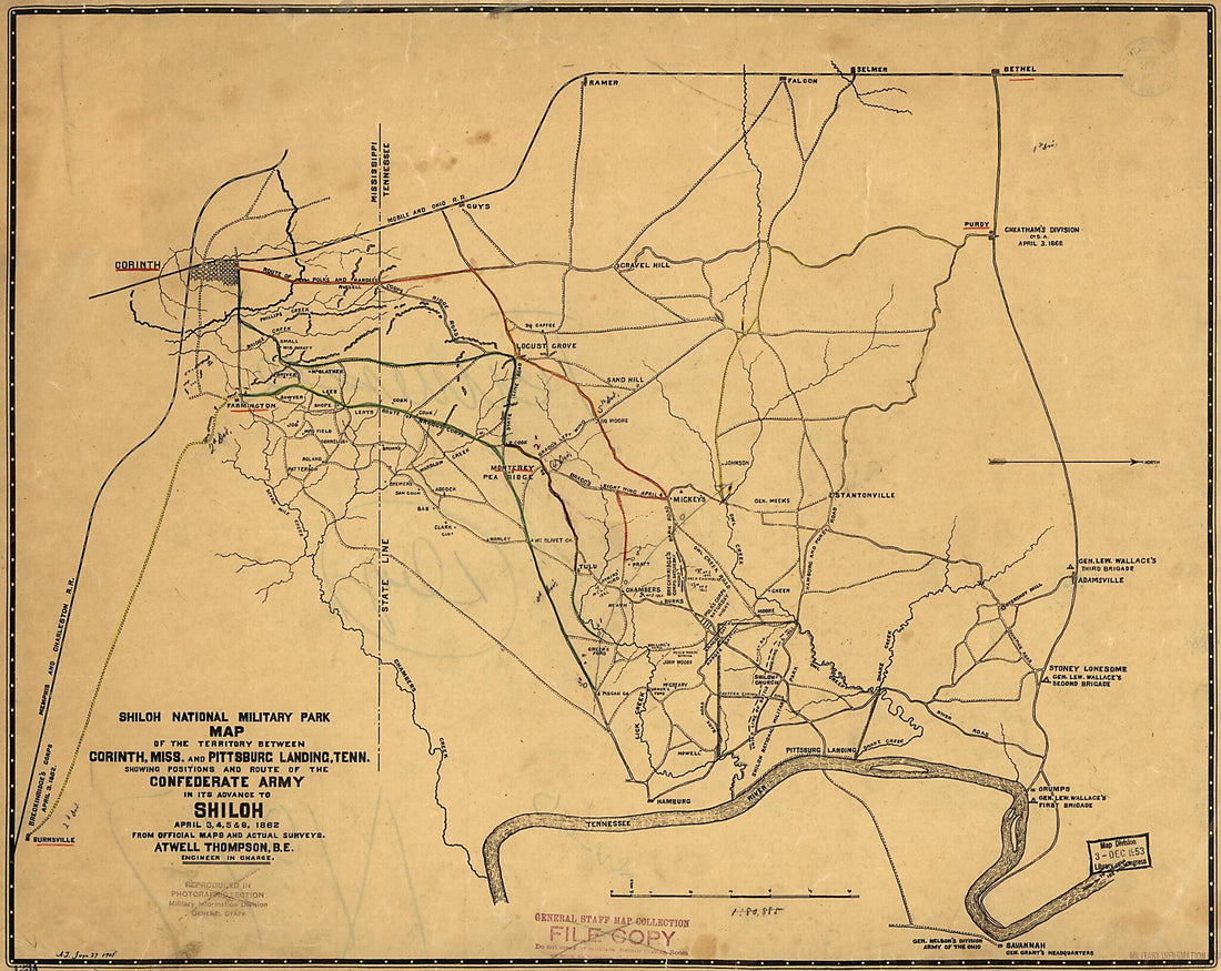 This old map of Map of the Territory Between Corinth, Mississippi and Pittsburgh Landing, Tennessee Showing Positions and Route of the Confederate Army In Its Advance to Shiloh, April 3, 4, 5 & 6, 1862 from 1901 was created by Atwell Thompson in 1901