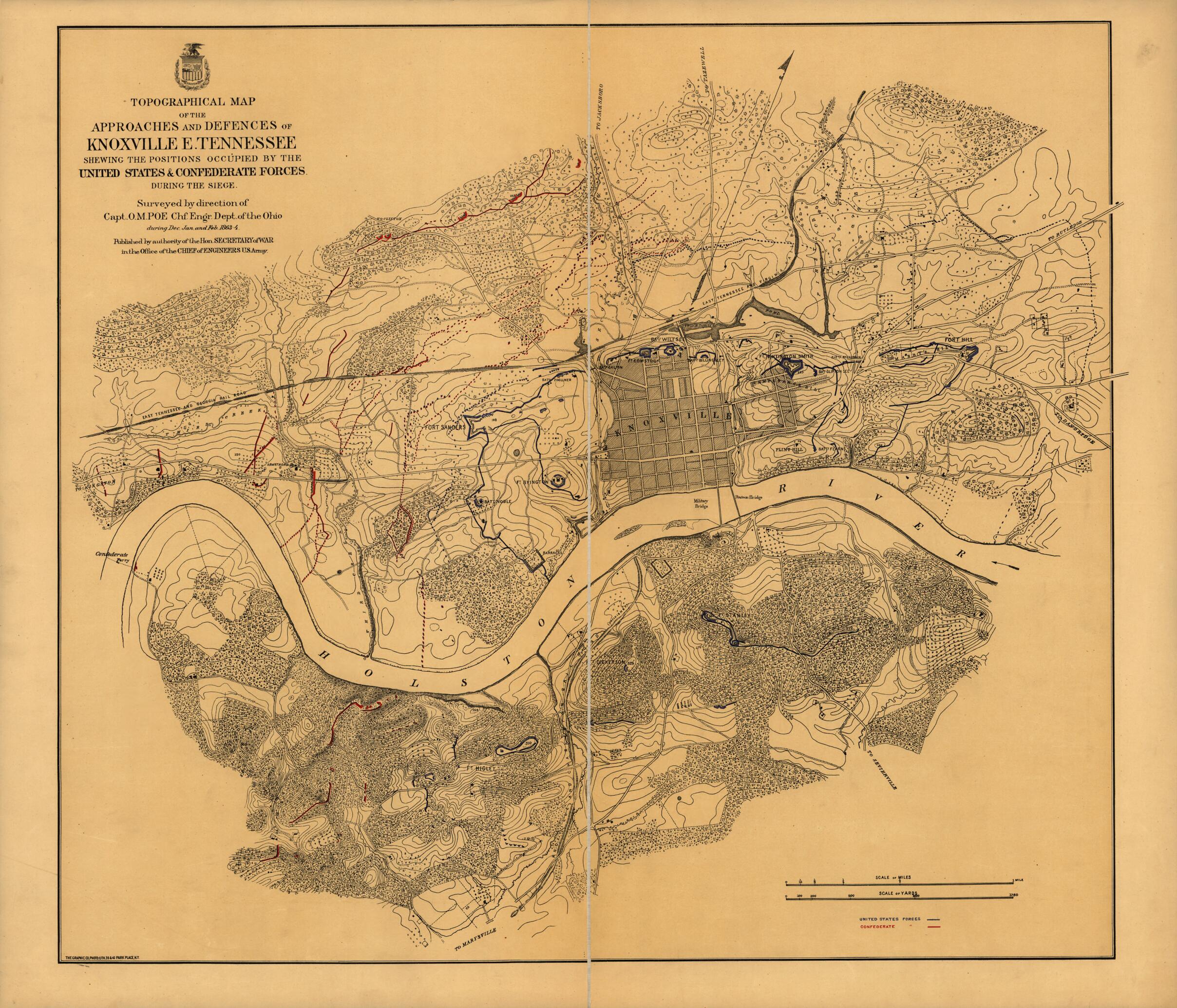 This old map of Topographical Map of the Approaches and Defences of Knoxville, E. Tennessee, Shewing the Positions Occupied by the United States & Confederate Forces During the Siege from 1864 was created by O. M. (Orlando Metcalfe) Poe, Cleveland Rockwe