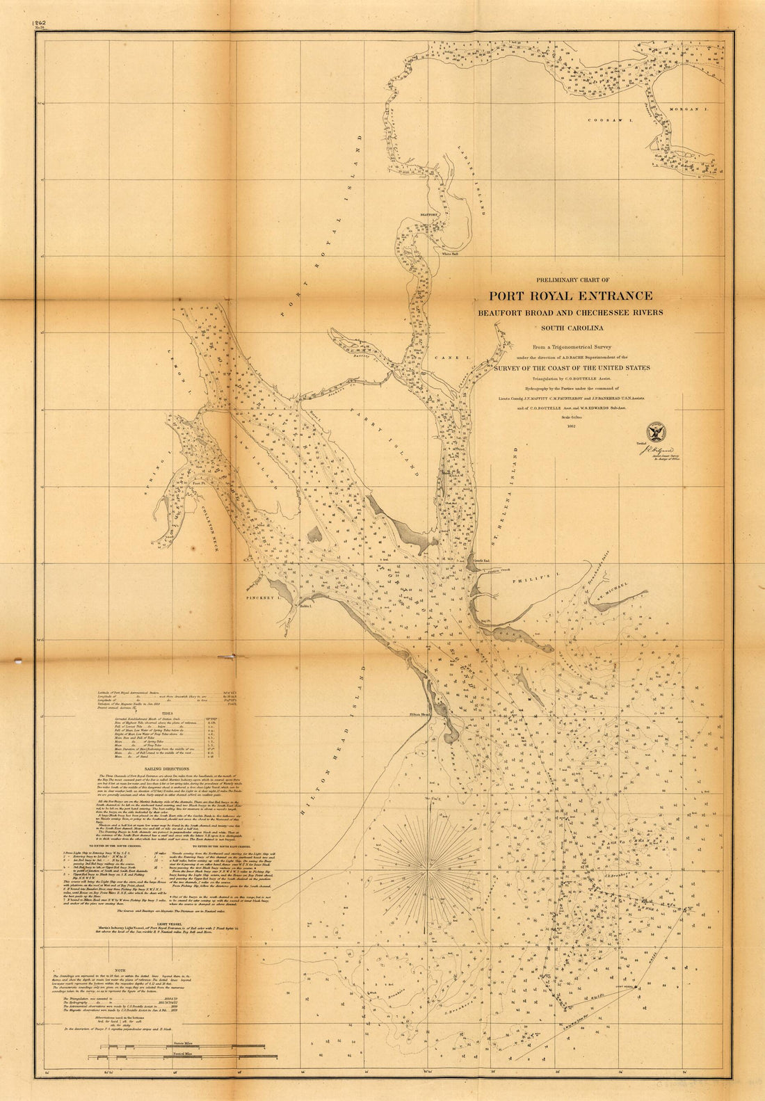 This old map of Preliminary Chart of Port Royal Entrance, Beaufort, Broad and Chechessee Rivers, South Carolina from 1862 was created by United States Coast Survey in 1862