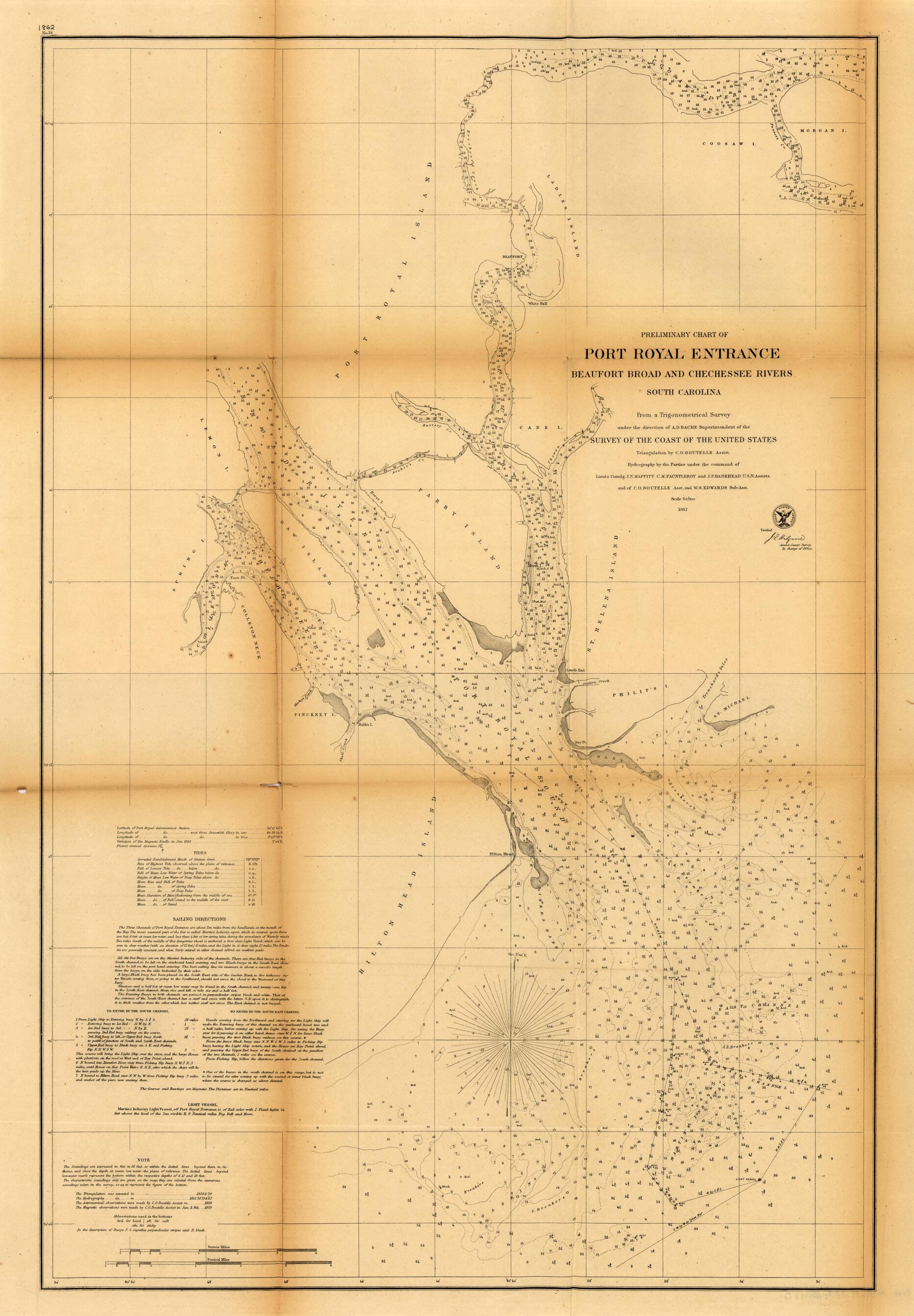 This old map of Preliminary Chart of Port Royal Entrance, Beaufort, Broad and Chechessee Rivers, South Carolina from 1862 was created by United States Coast Survey in 1862