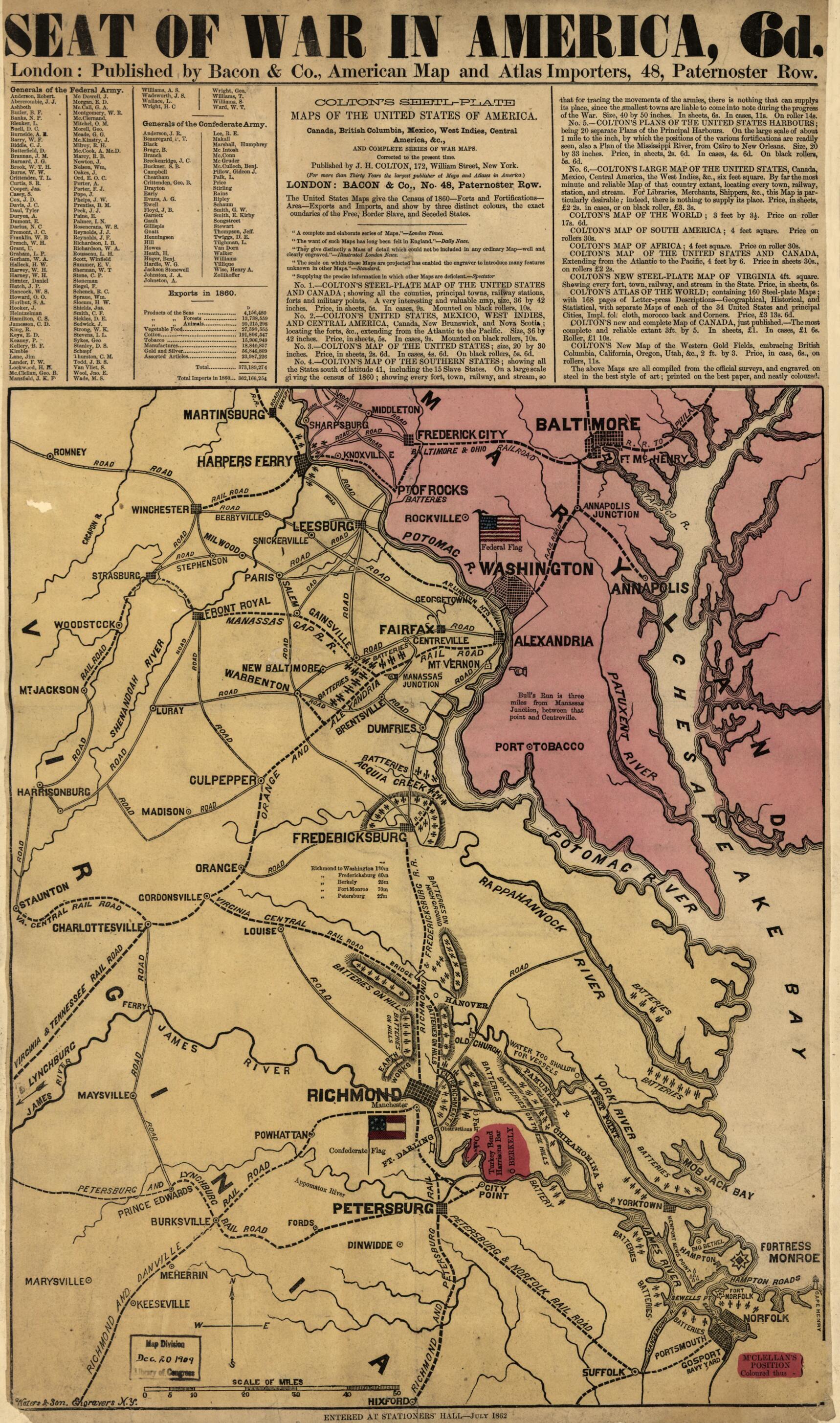 This old map of Seat of War In America, 6d from 1862 was created by Bacon & Co in 1862