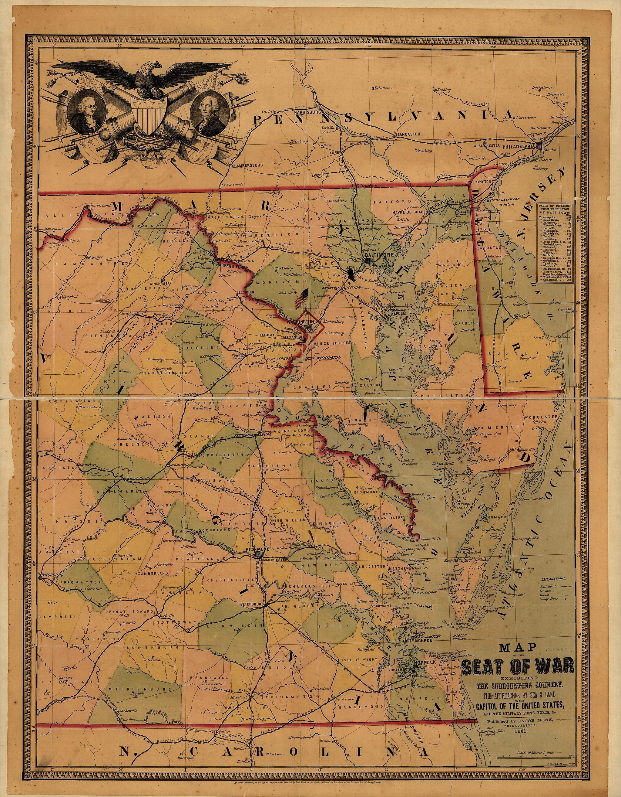 This old map of Map of the Seat of War Exhibiting the Surrounding Country, the Approaches by Sea & Land to the Capitol of the United States, and the Military Posts, Forts, &c from 1861 was created by Jacob Monk in 1861