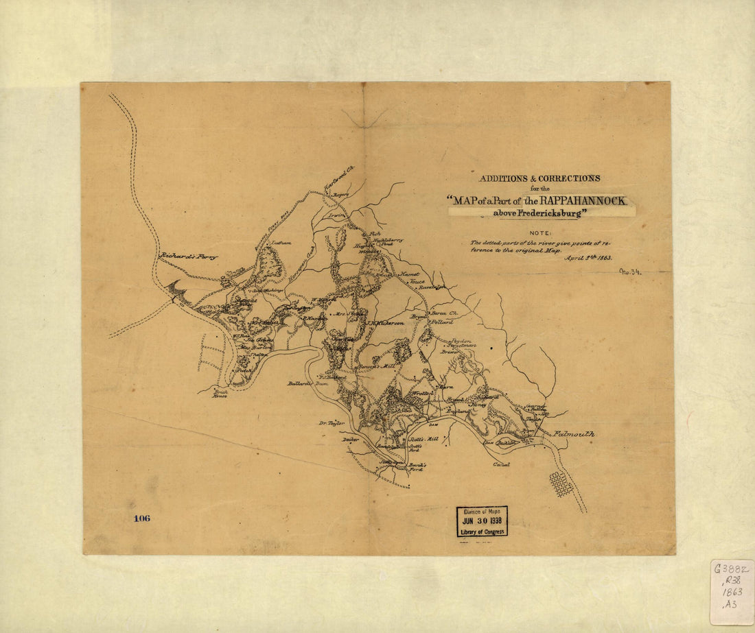 This old map of Additions & Corrections for the Map of a Part of the Rappahannock Above Fredericksburg from 1863 was created by William H. Paine in 1863