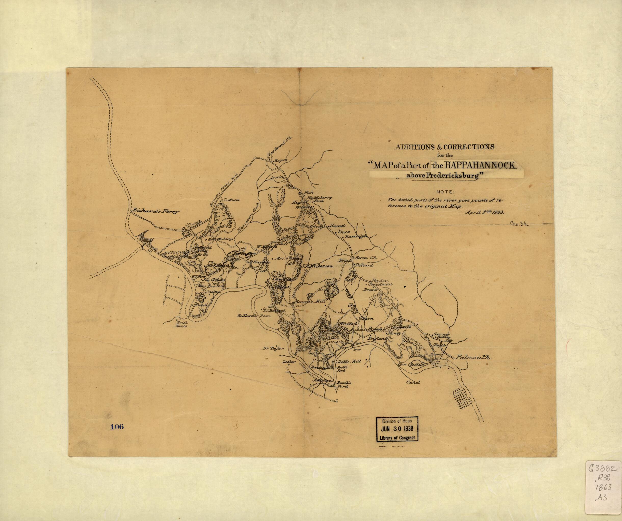 This old map of Additions & Corrections for the Map of a Part of the Rappahannock Above Fredericksburg from 1863 was created by William H. Paine in 1863