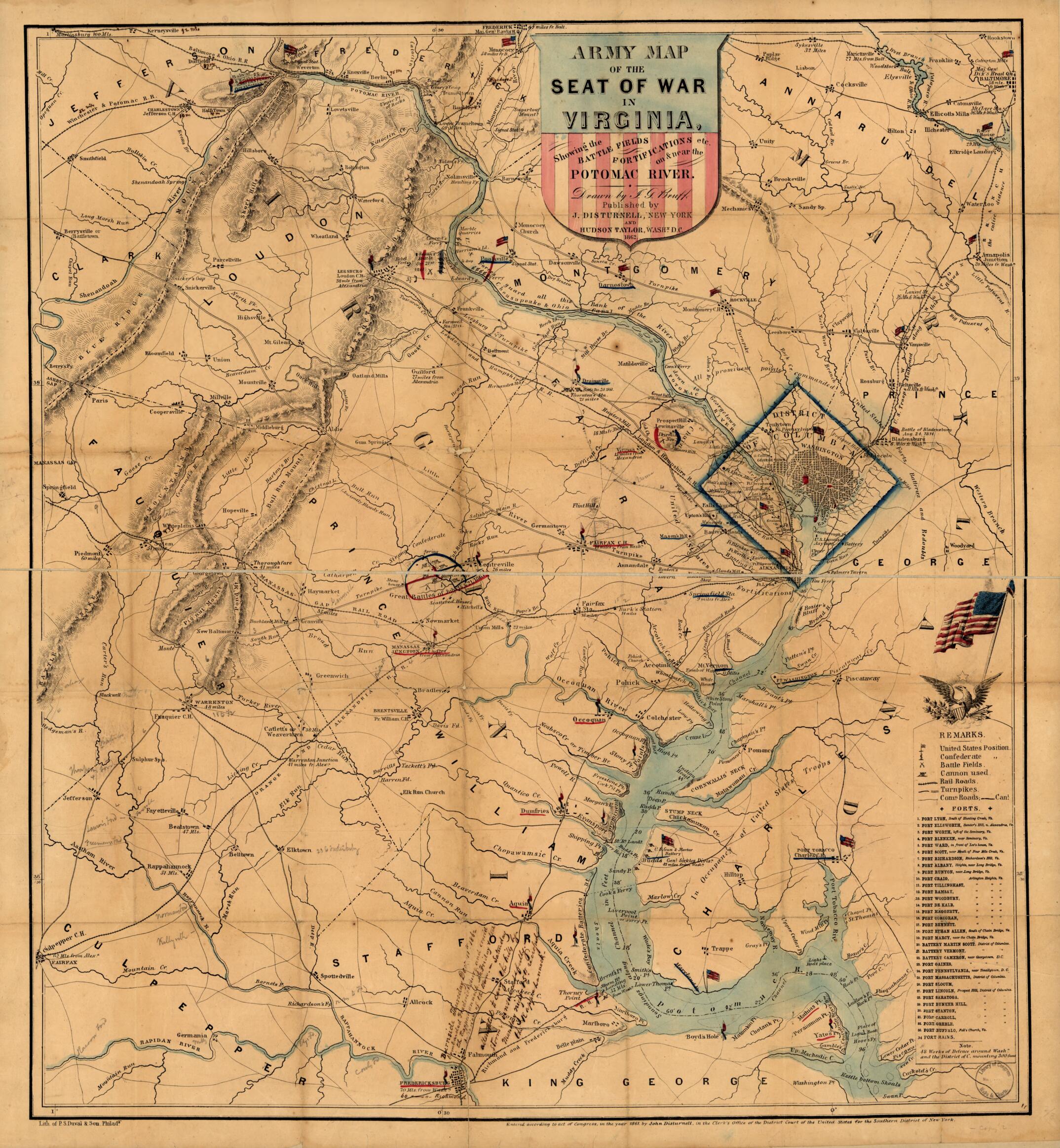 This old map of Army Map of the Seat of War In Virginia, Showing the Battle Fields, Fortifications, Etc. On & Near the Potomac River from 1862 was created by Joseph Goldsborough Bruff in 1862