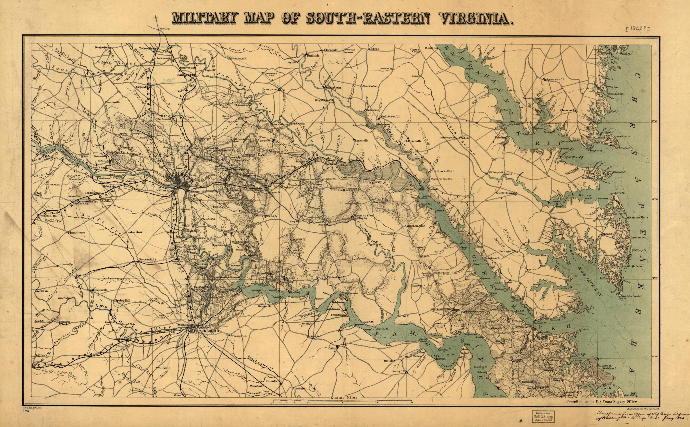 This old map of Eastern Virginia from 1862 was created by A. Lindenkohl in 1862