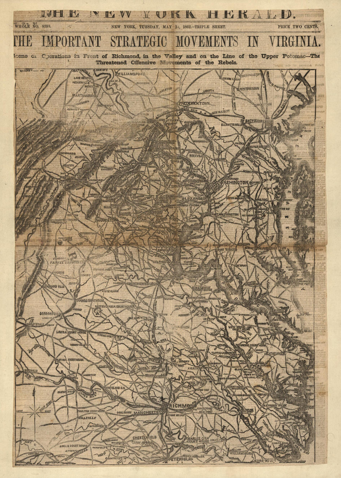 This old map of The Threatened Offensive Movements of the Rebels from 1862 was created by in 1862