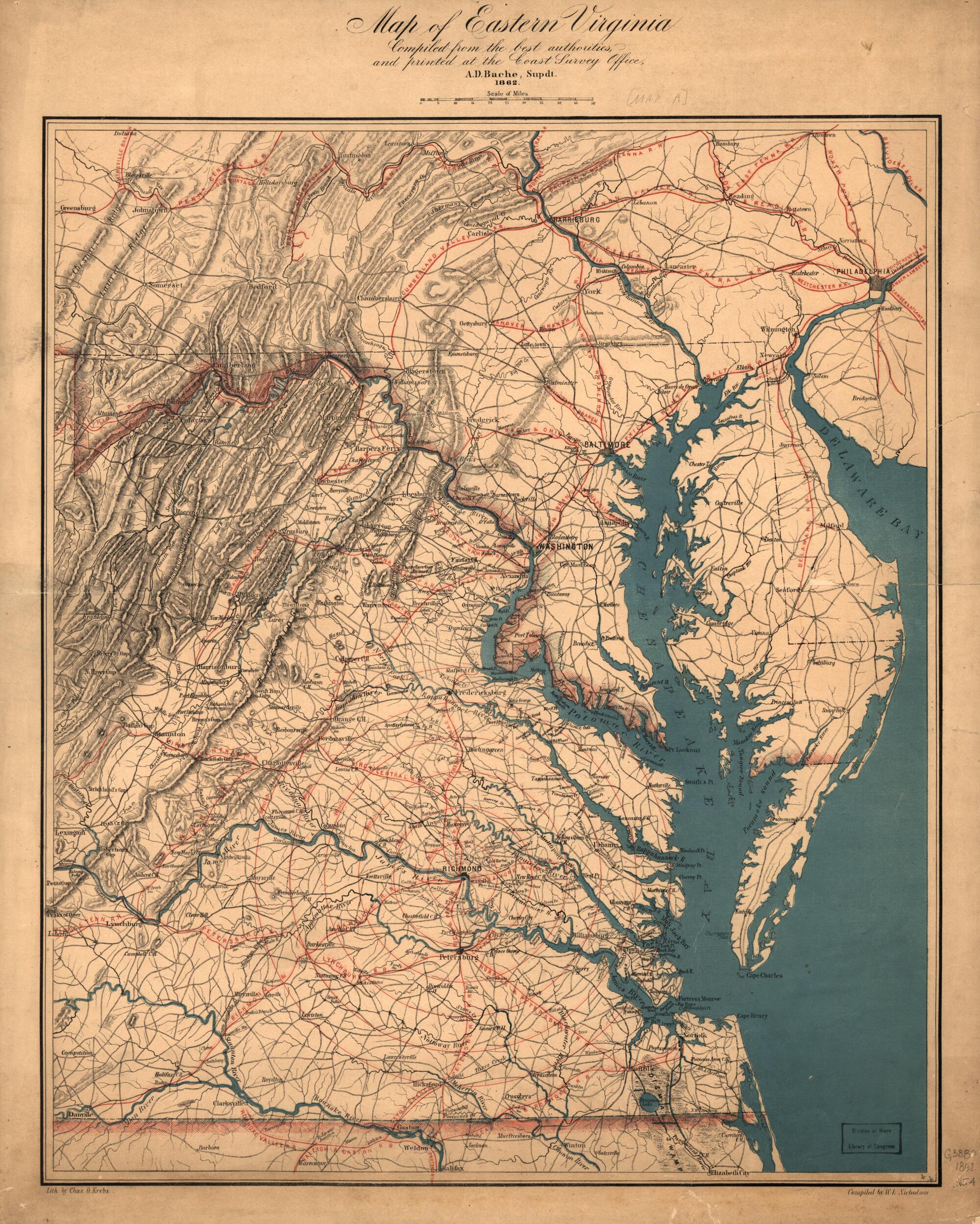 This old map of Map of Eastern Virginia from 1862 was created by W. L. Nicholson in 1862