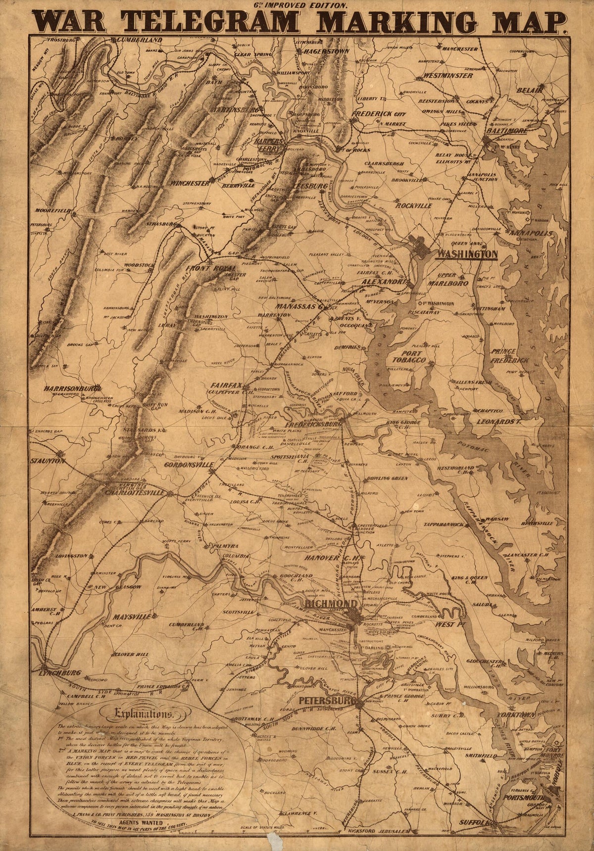 War Telegram Marking Map. 1862 by Relic Map Company