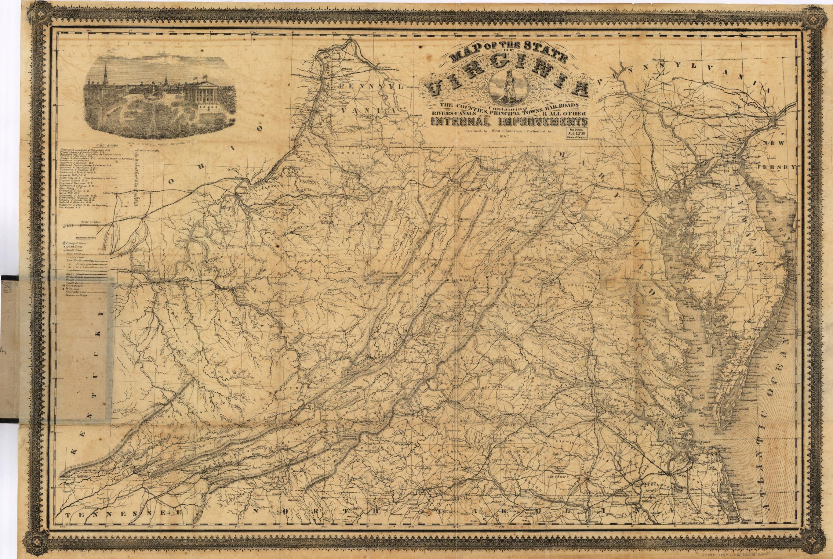 This old map of Map of the State of Virginia Containing the Counties, Principal Towns, Railroads, Rivers, Canals & All Other Internal Improvements. (New Map of Virginia, from 1864) was created by West & Johnston in 1864