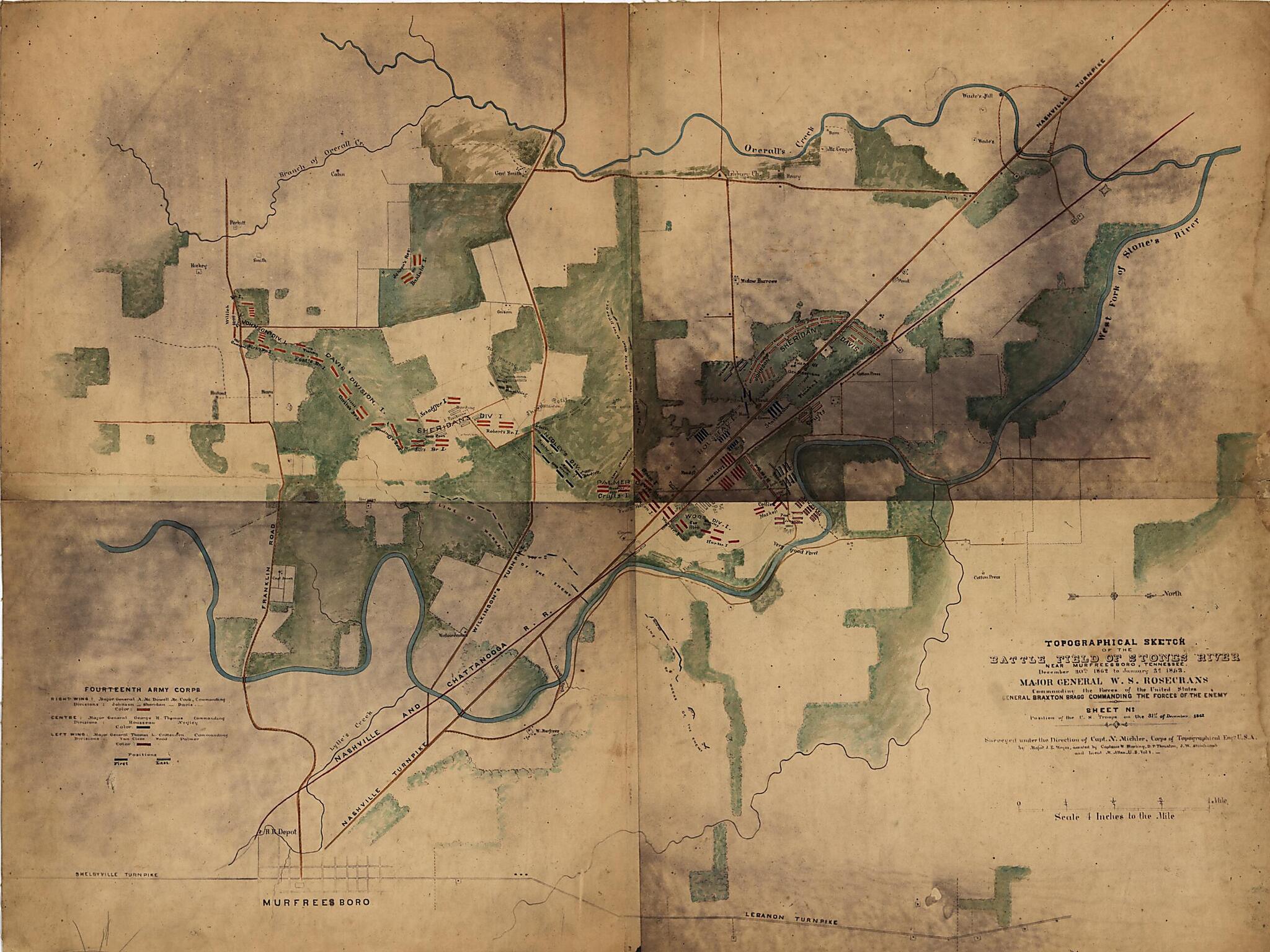 This old map of Topographical Sketch of the Battle Field of Stone River Near Murfreesboro, Tennessee, December 30th 1862 to January 3d from 1863 Position of the U.S. Troops On the 31st of December, 1862 was created by N. (Nathaniel) Michler, J. E. Weyss