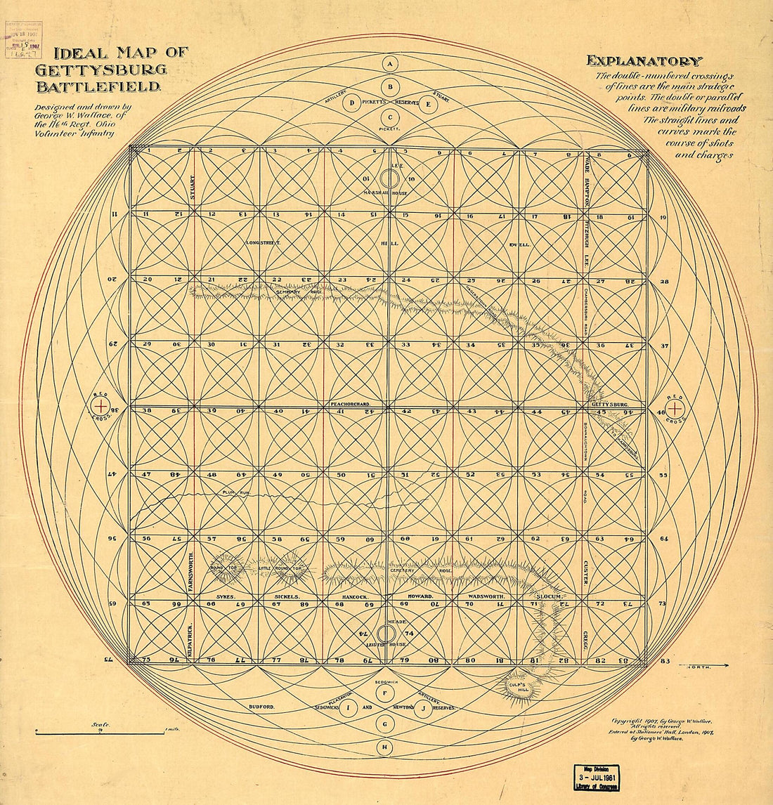 This old map of Ideal Map of Gettysburg Battlefield from 1907 was created by George W. Wallace in 1907