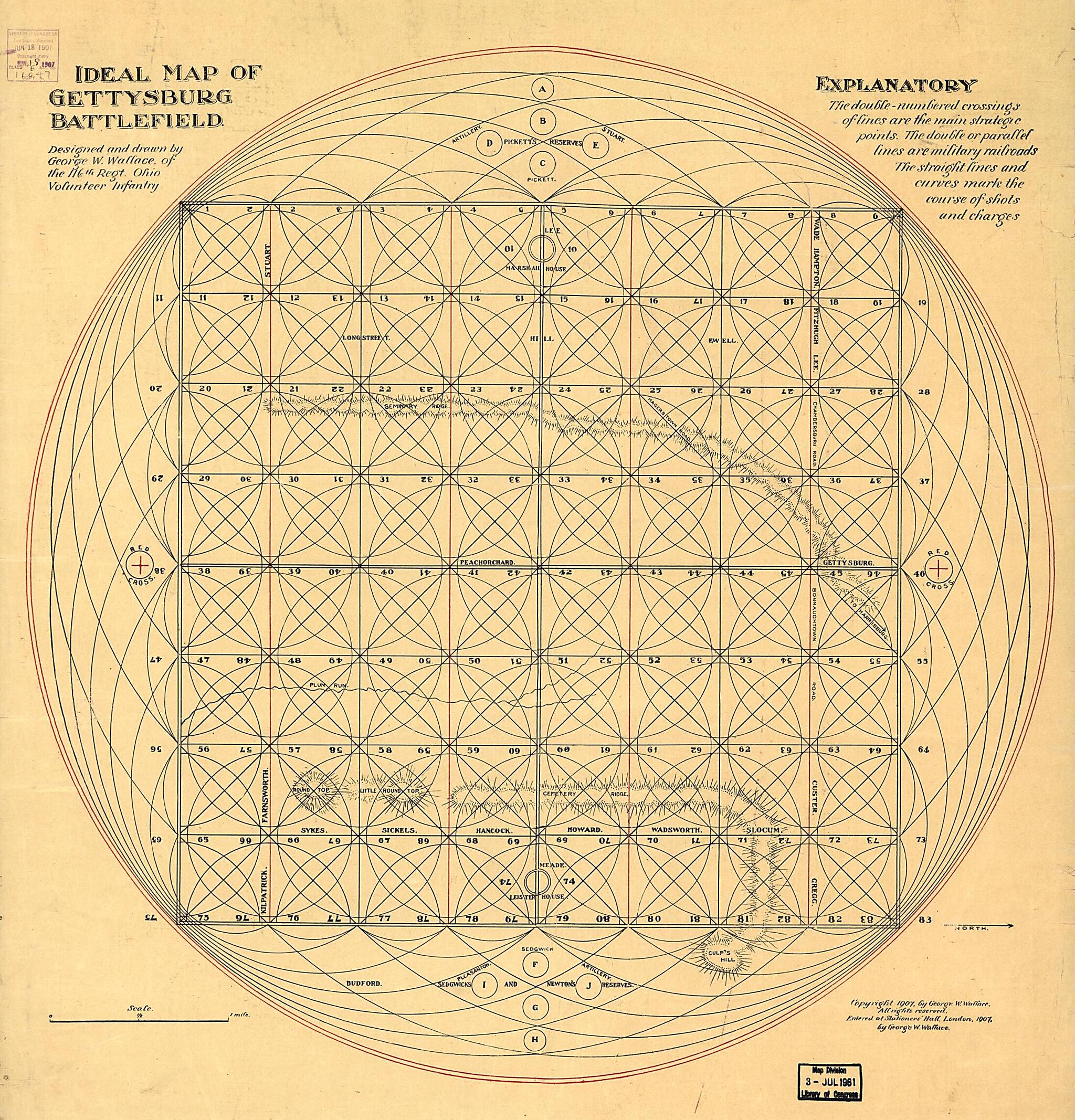 This old map of Ideal Map of Gettysburg Battlefield from 1907 was created by George W. Wallace in 1907