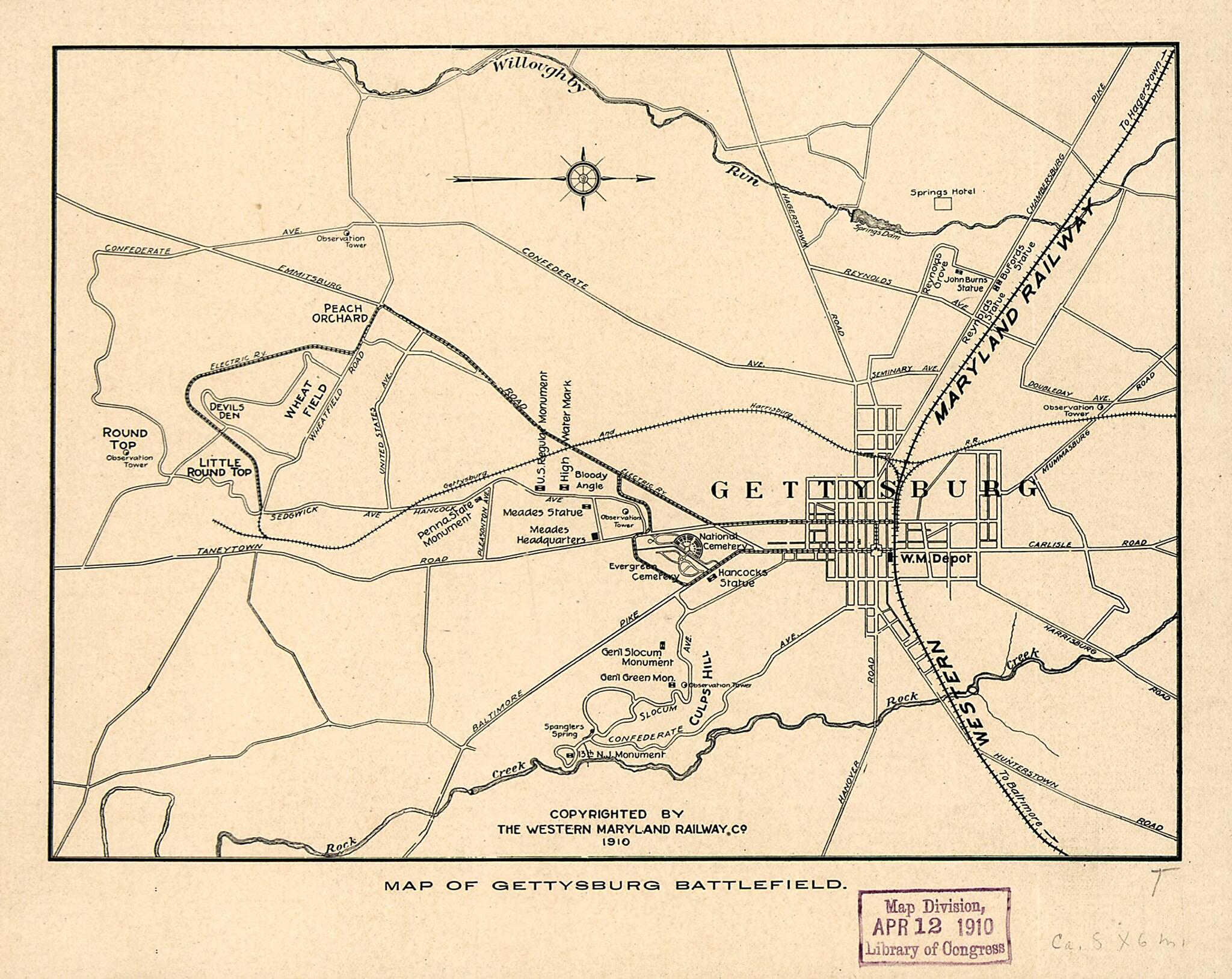This old map of Map of Gettysburg Battlefield from 1910 was created by Western Maryland Railroad Company in 1910