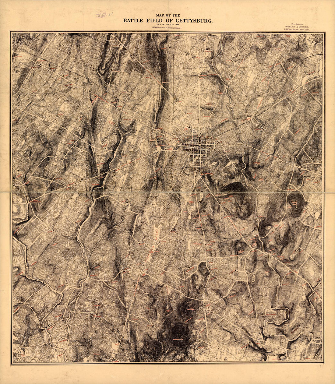 This old map of Map of the Battle Field of Gettysburg. July 1st, 2nd, 3rd, 1863 from 1888 was created by Woeltje and Cutting in 1888