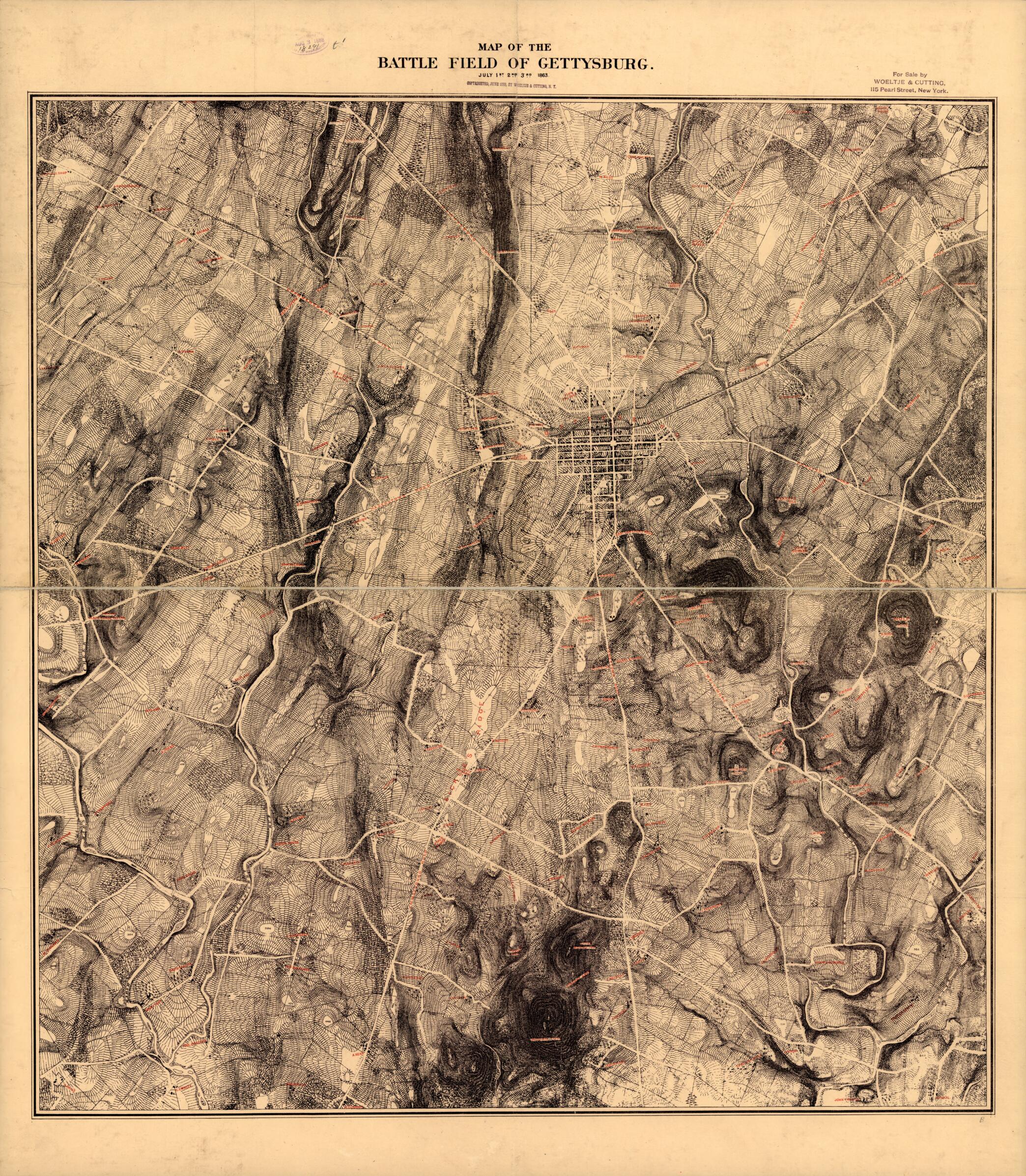 This old map of Map of the Battle Field of Gettysburg. July 1st, 2nd, 3rd, 1863 from 1888 was created by Woeltje and Cutting in 1888