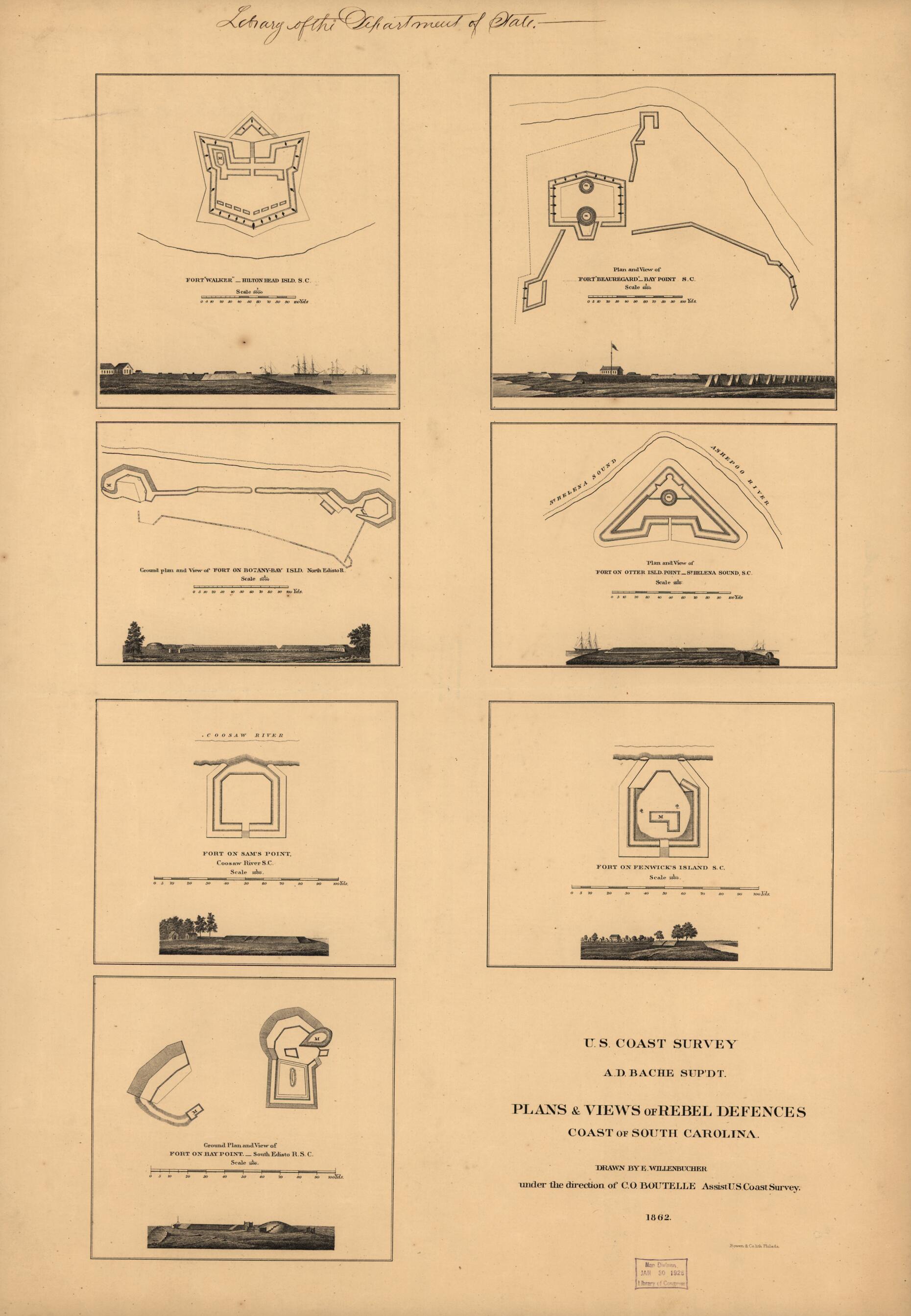 This old map of Plans & Views of Rebel Defences, Coast of South Carolina from 1862 was created by Eugene Willenbücher in 1862