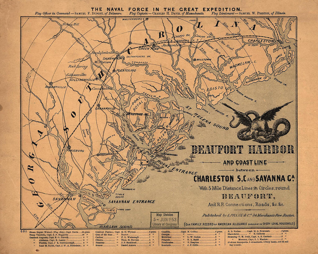 This old map of Beaufort Harbor and Coast Line Between Charleston, S.C. and Savanna sic Ga., With 5 Mile Distance Lines In Circles Round Beaufort, and Railroad Connections, Roads, &c, &c from 1861 was created by L. Prang & Co in 1861