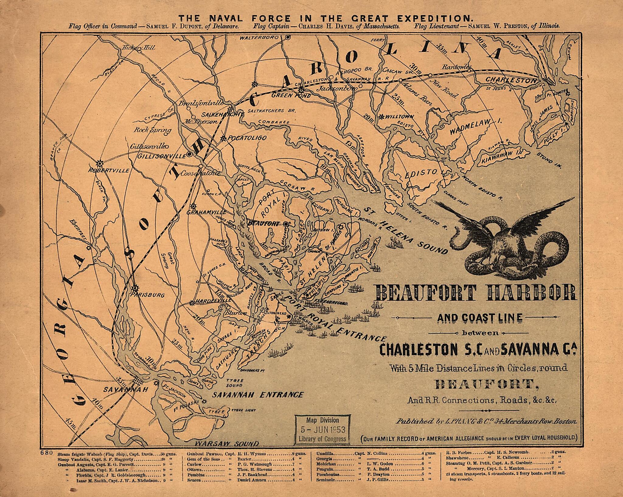 This old map of Beaufort Harbor and Coast Line Between Charleston, S.C. and Savanna sic Ga., With 5 Mile Distance Lines In Circles Round Beaufort, and Railroad Connections, Roads, &c, &c from 1861 was created by L. Prang & Co in 1861