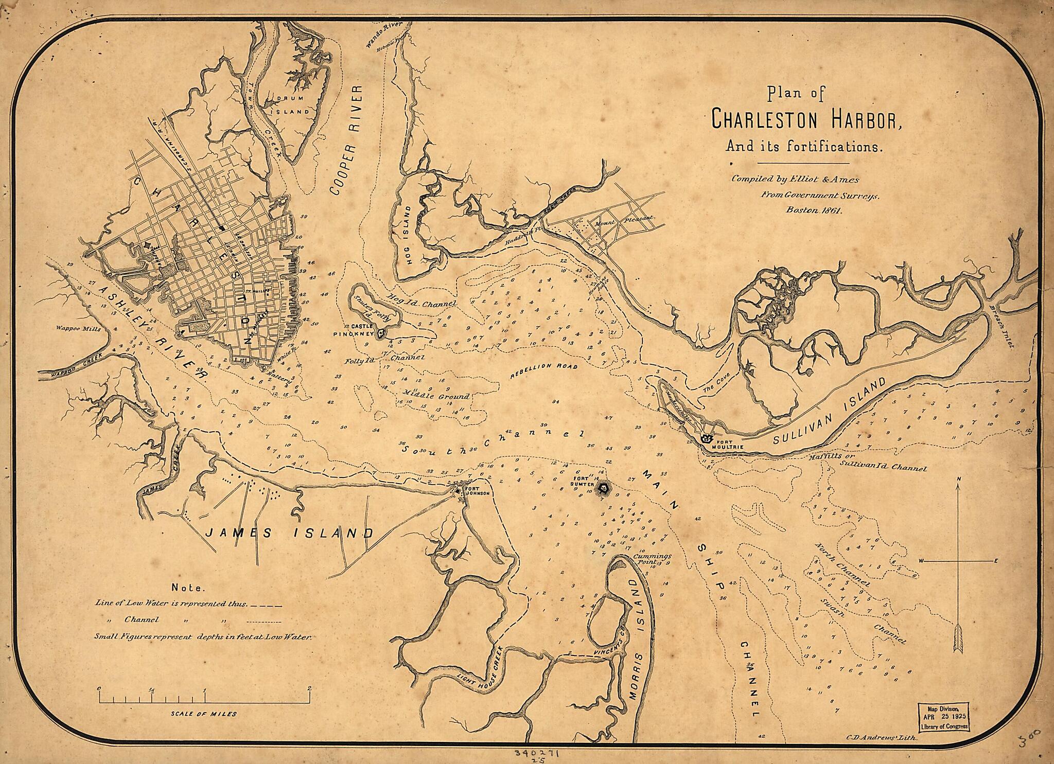 This old map of Plan of Charleston Harbor, and Its Fortifications from 1861 was created by Elliot & Ames in 1861