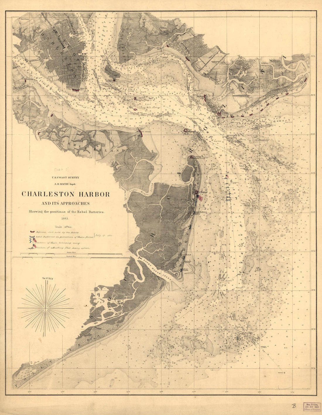 This old map of Charleston Harbor and Its Approaches Showing the Positions of the Rebel Batteries from 1863 was created by United States Coast Survey in 1863
