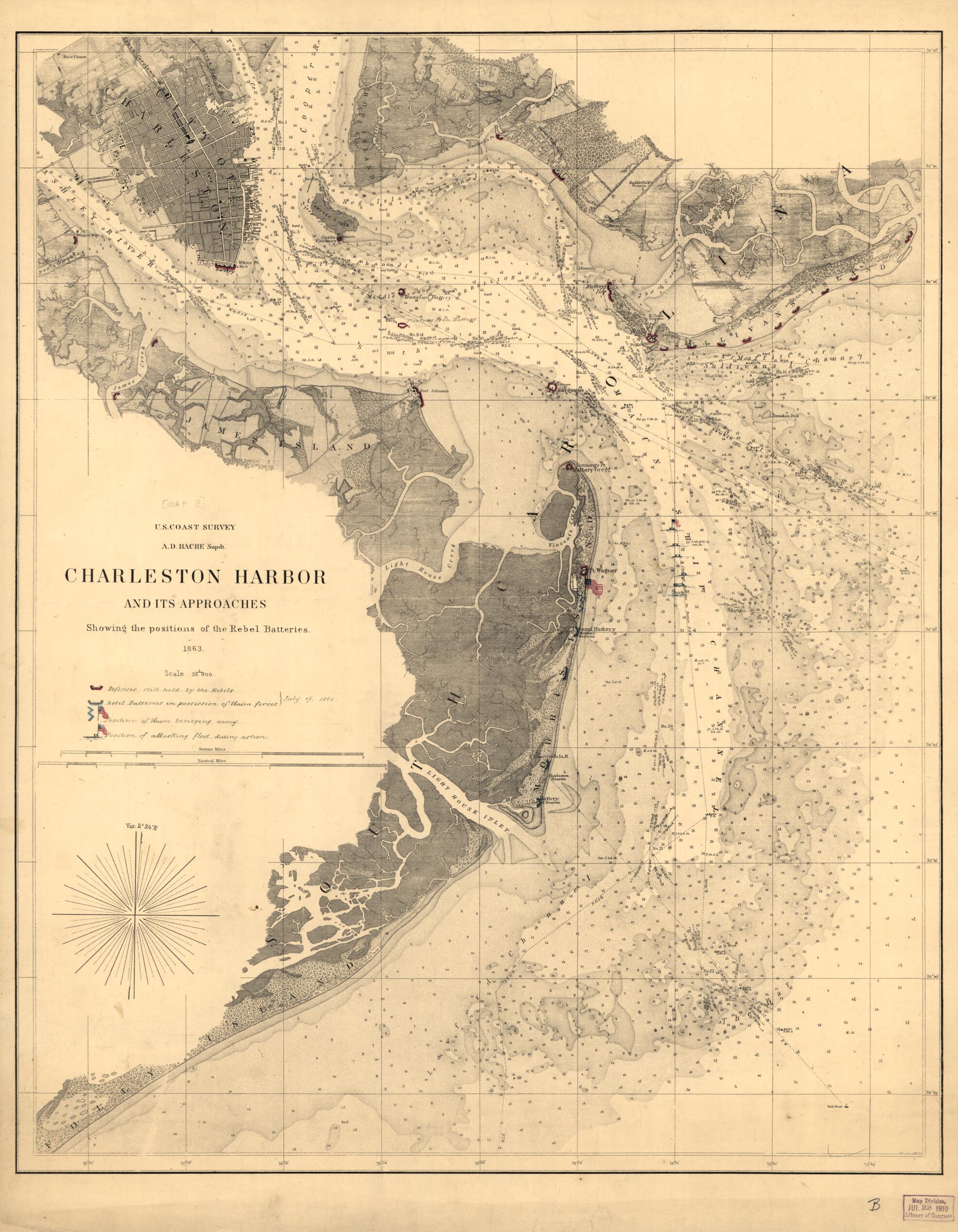 This old map of Charleston Harbor and Its Approaches Showing the Positions of the Rebel Batteries from 1863 was created by United States Coast Survey in 1863