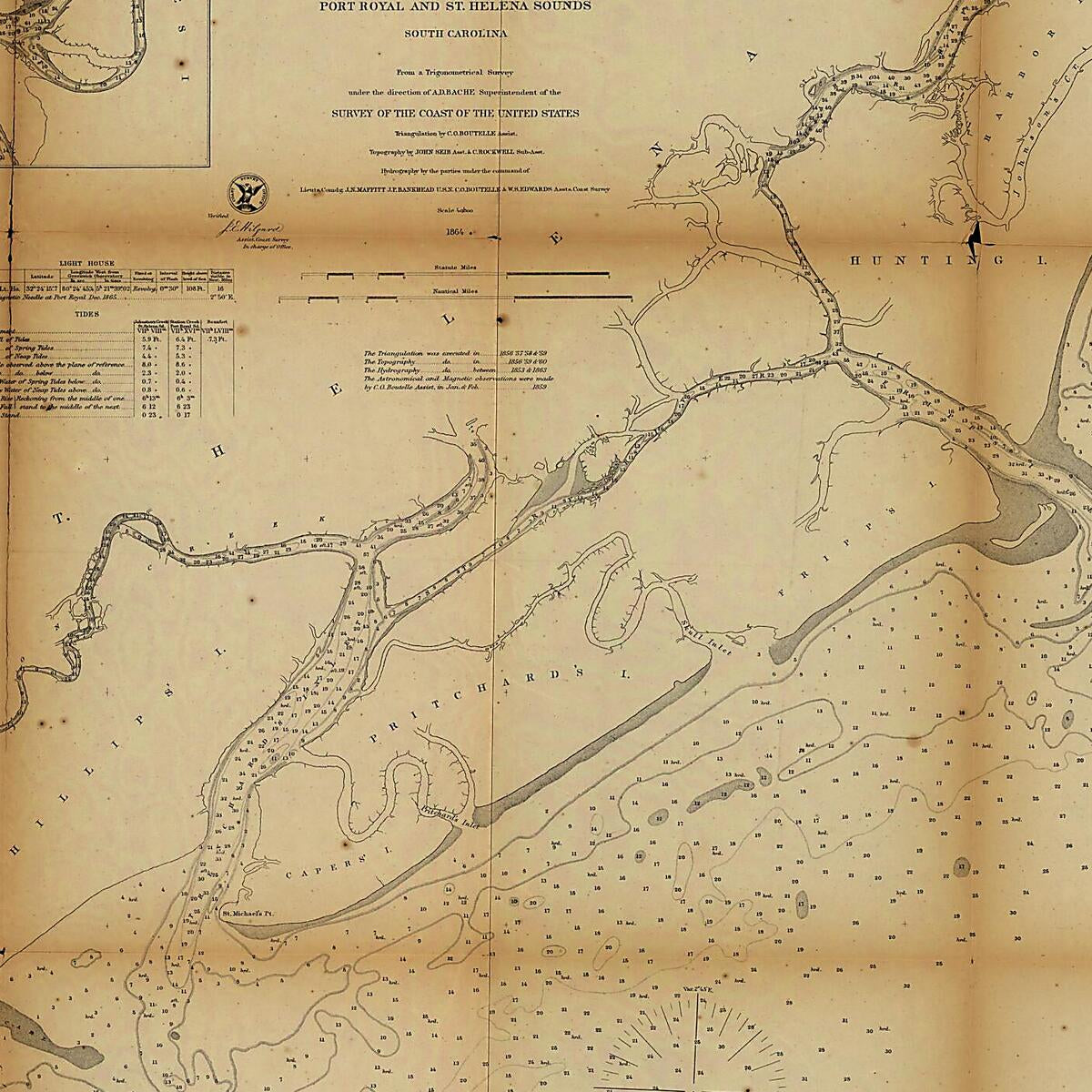 This old map of Preliminary Chart of Beaufort River, Station Creek, Story and Harbor Rivers Forming Inside Passage Between Port Royal and St. Helena Sounds, South Carolina from 1864 was created by  United States Coast Survey in 1864