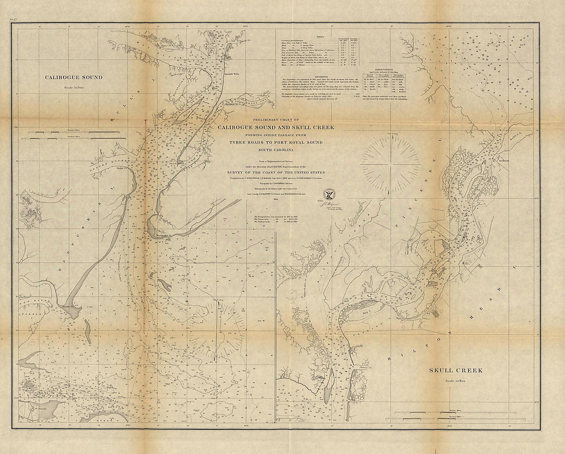 This old map of Preliminary Chart of Calibogue Sound and Skull Creek Forming Inside Passage from Tybee Roads to Port Royal Sound, South Carolina from 1862 was created by United States Coast Survey in 1862