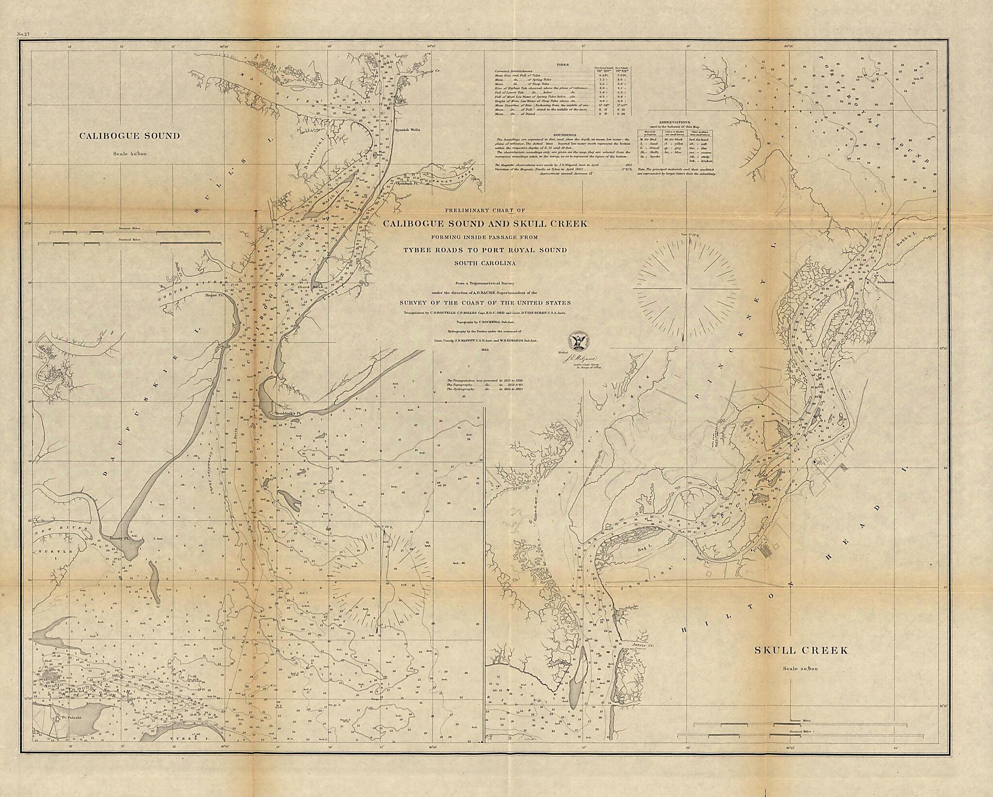This old map of Preliminary Chart of Calibogue Sound and Skull Creek Forming Inside Passage from Tybee Roads to Port Royal Sound, South Carolina from 1862 was created by United States Coast Survey in 1862