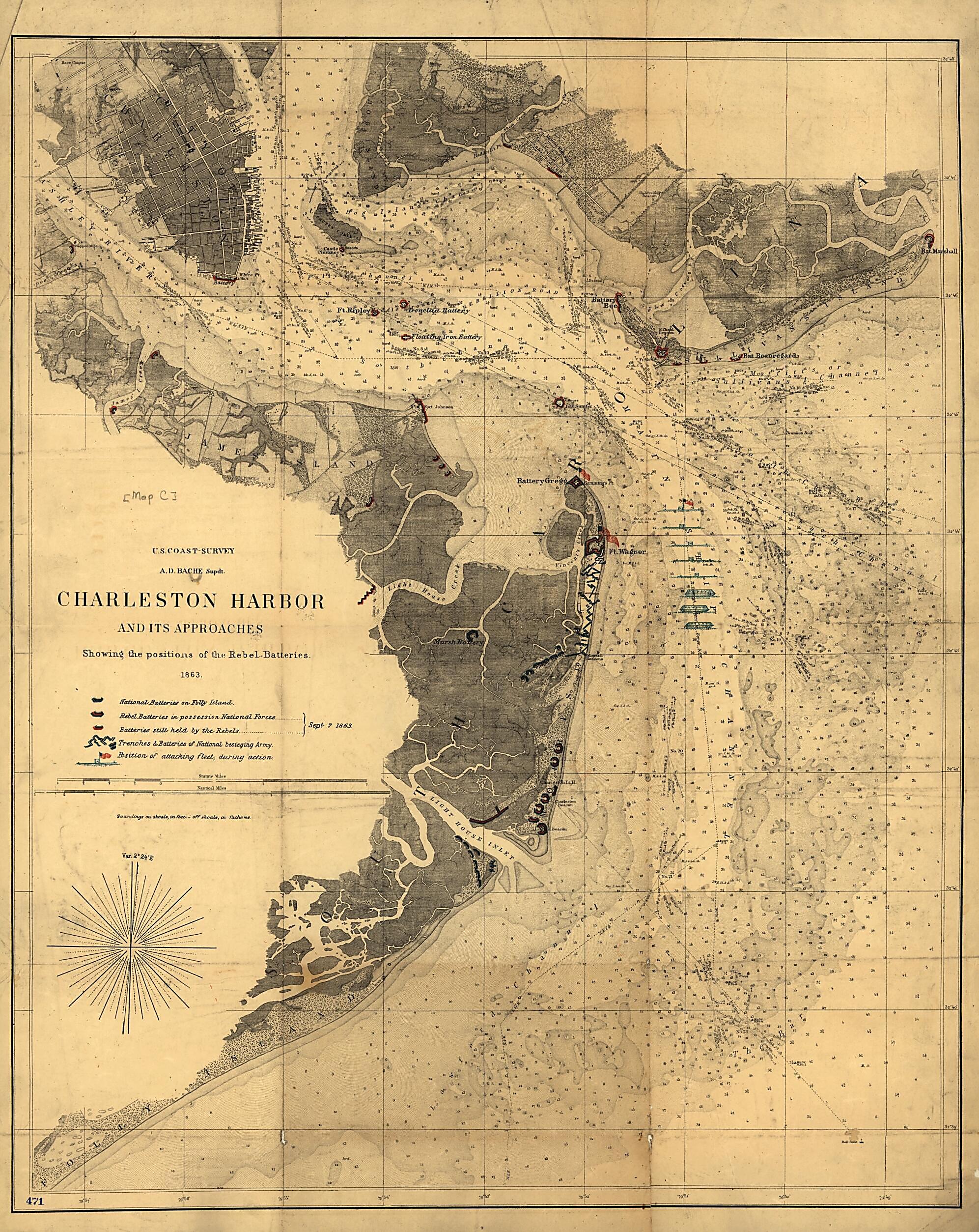 This old map of Charleston Harbor and Its Approaches Showing the Positions of the Rebel Batteries from 1863 was created by United States Coast Survey in 1863