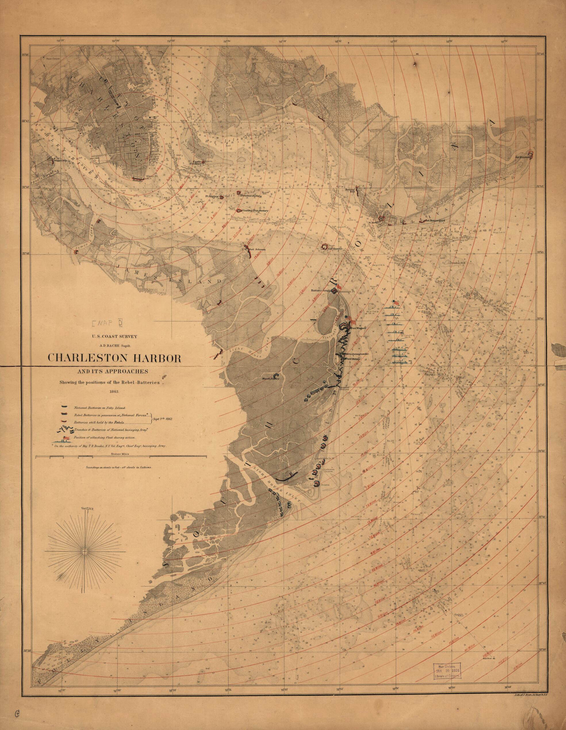 This old map of Charleston Harbor and Its Approaches Showing the Positions of the Rebel Batteries from 1863 was created by United States Coast Survey in 1863