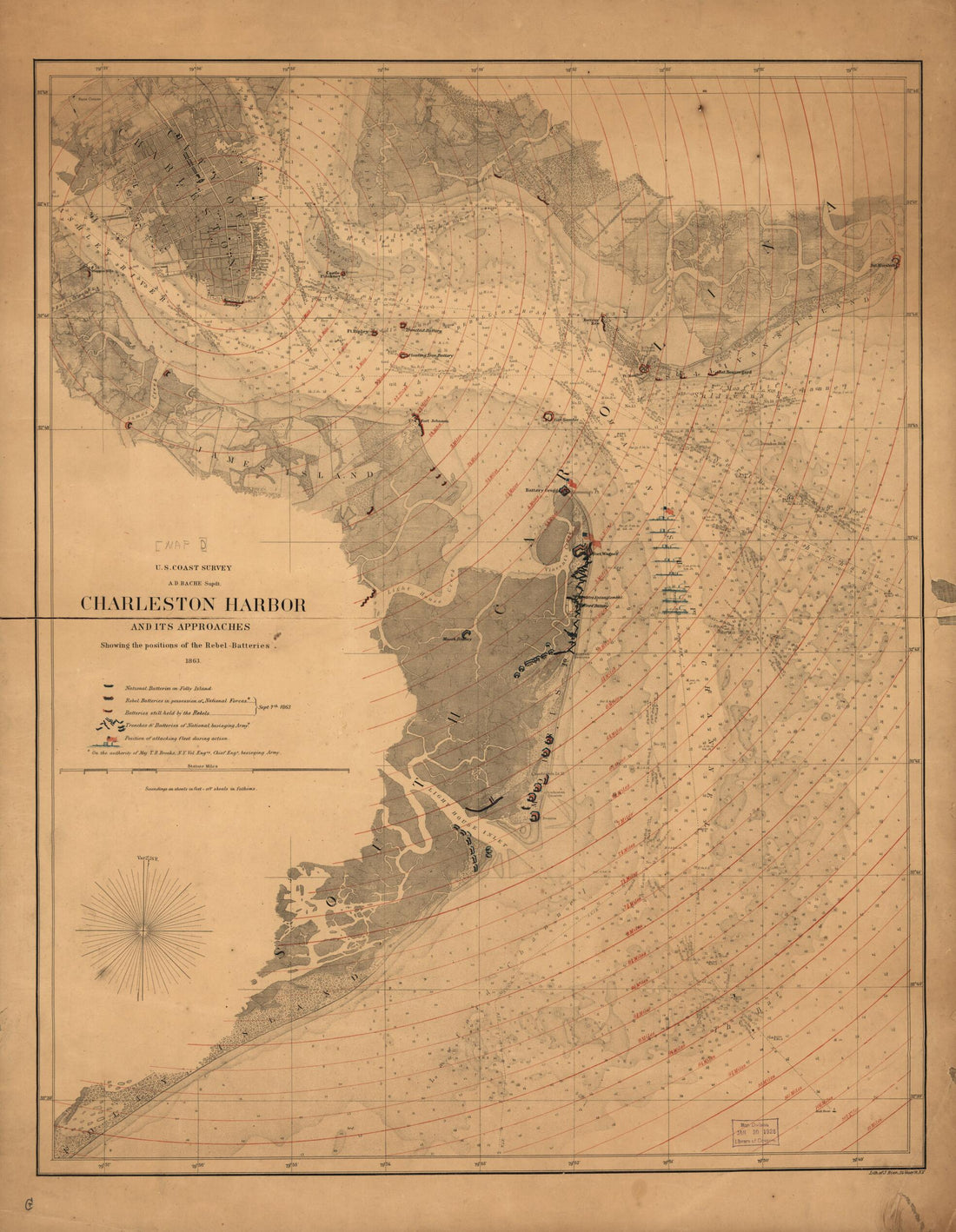 This old map of Charleston Harbor and Its Approaches Showing the Positions of the Rebel Batteries from 1863 was created by United States Coast Survey in 1863