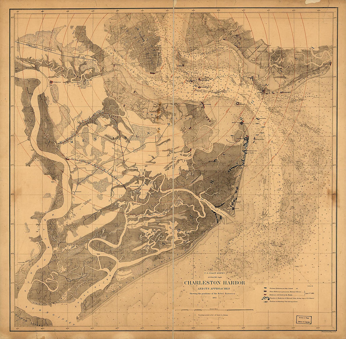 This old map of Charleston Harbor and Its Approaches Showing the Positions of the Rebel Batteries from 1863 was created by United States Coast Survey in 1863