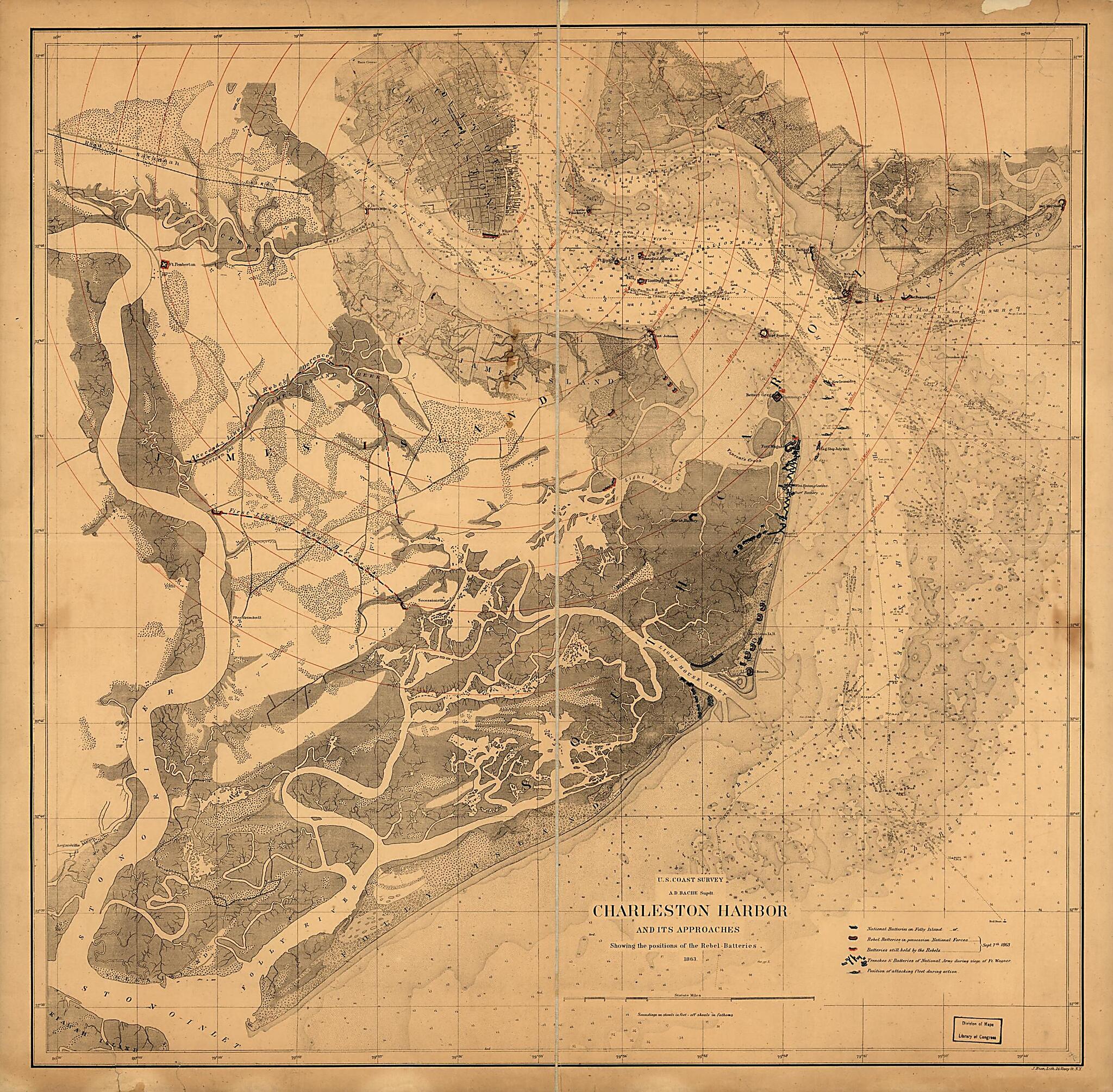 This old map of Charleston Harbor and Its Approaches Showing the Positions of the Rebel Batteries from 1863 was created by United States Coast Survey in 1863